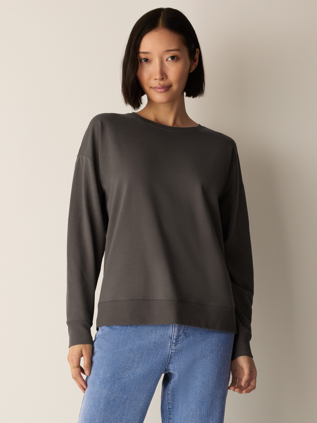 Eileen Fisher Cozy Brushed Terry Hug Crew Neck Long Top