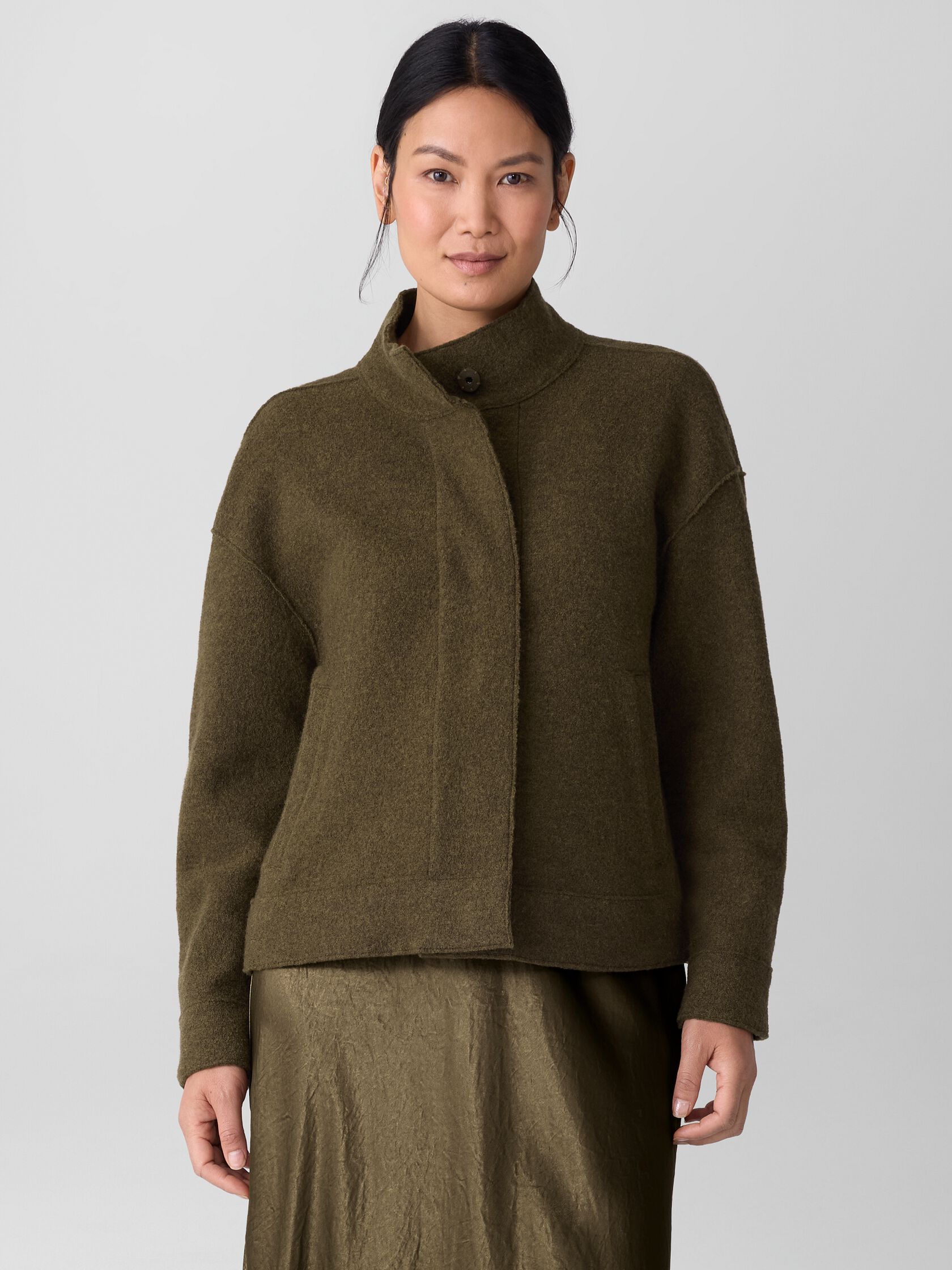 Lightweight Boiled Wool Stand Collar Jacket in Regenerative Wool