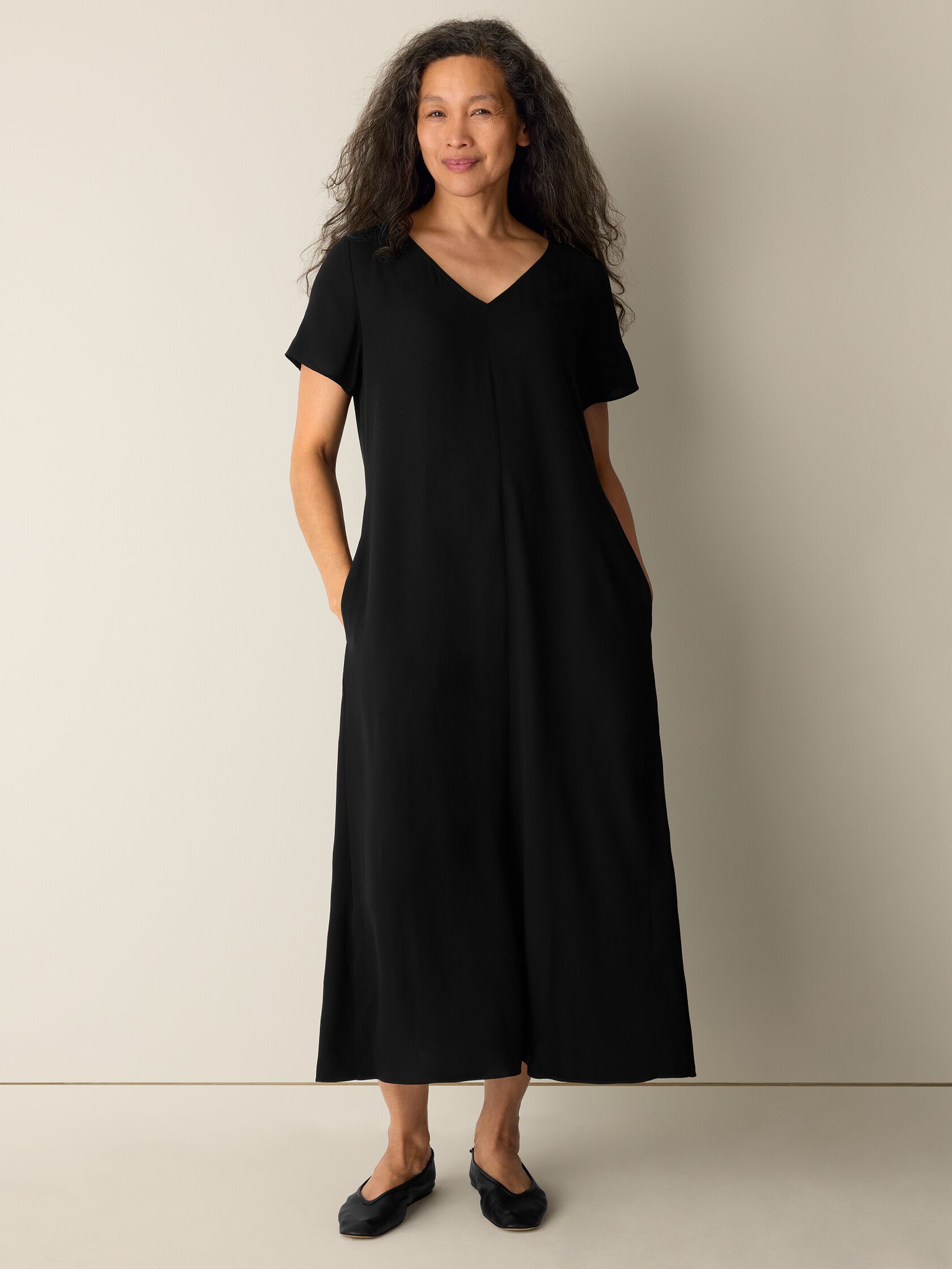 Silk Georgette Crepe V-Neck Dress