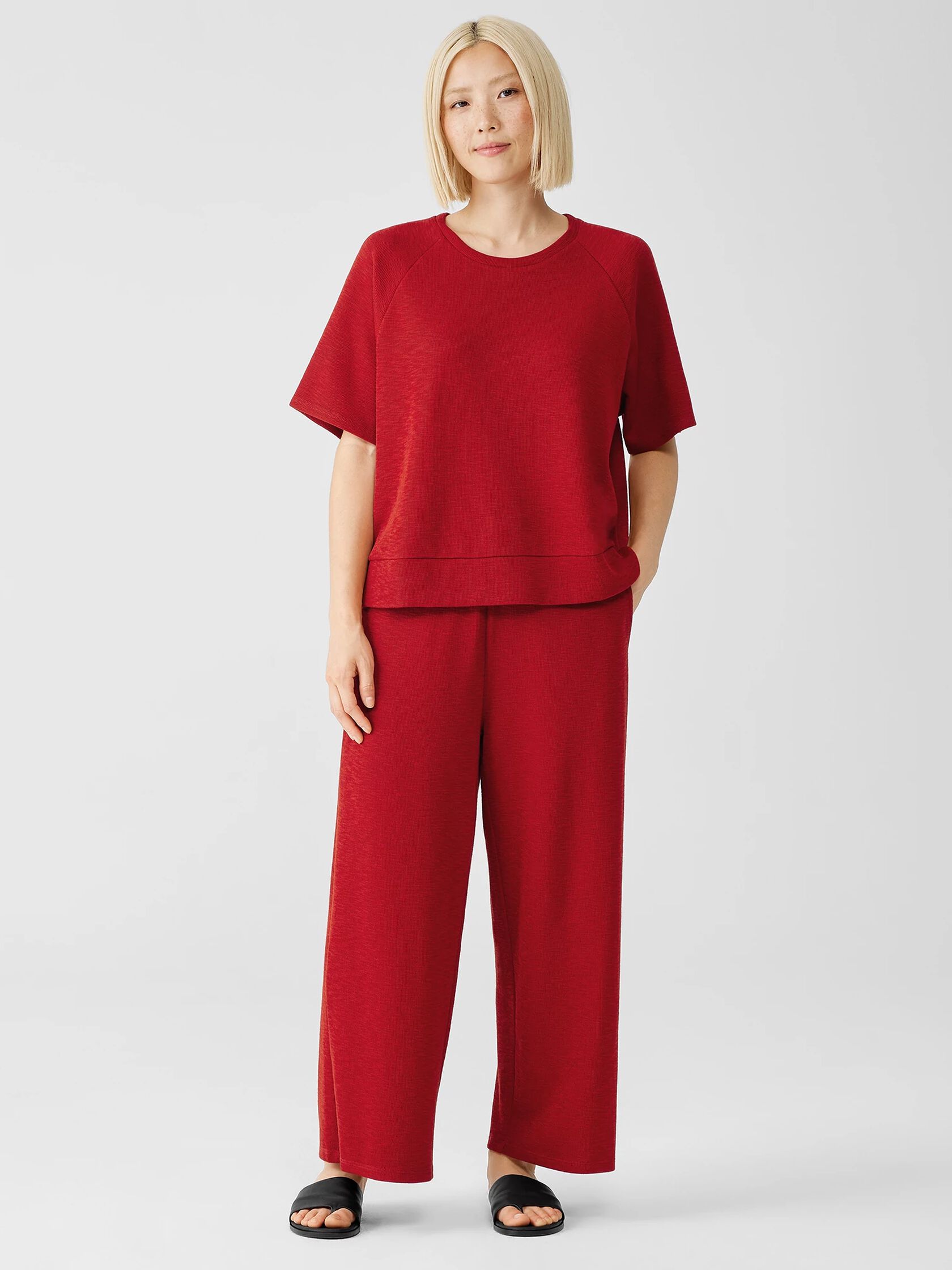 Organic Cotton Slubby Rib Knit Elbow-Sleeve Top