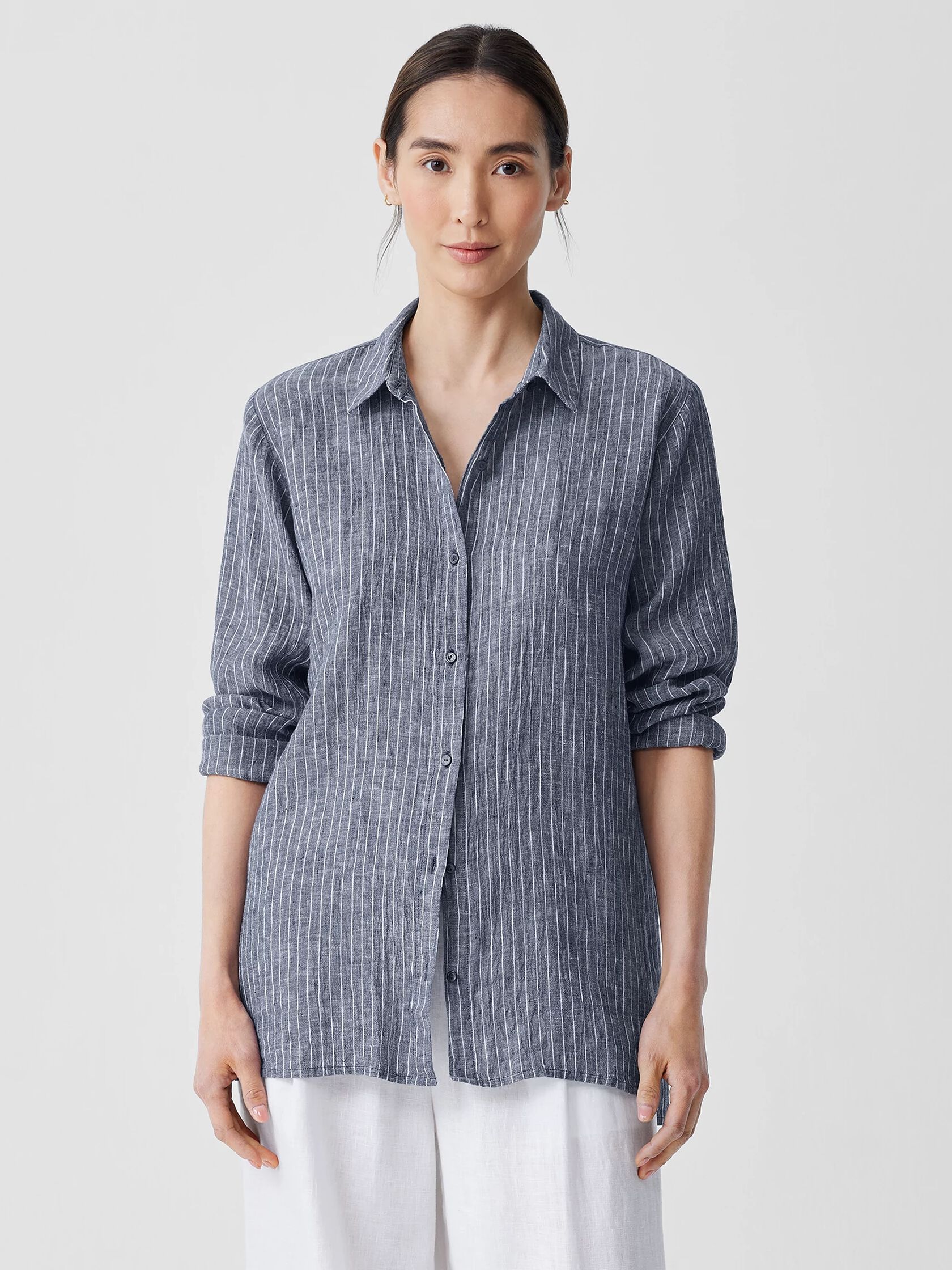 Puckered Organic Linen Classic Collar Long Shirt