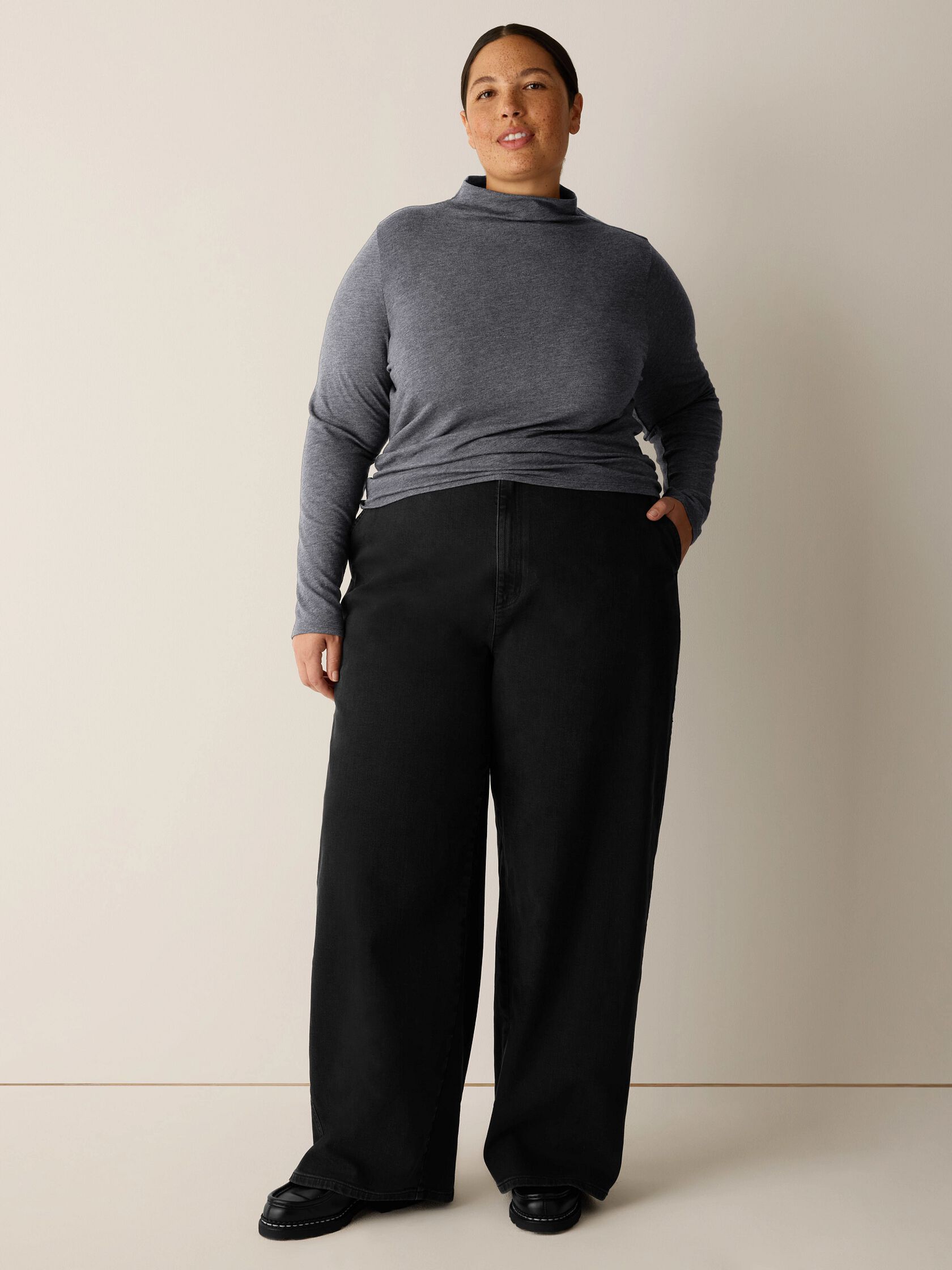 M&eacute;lange Sheer Cotton Blend Knit Funnel Neck Top