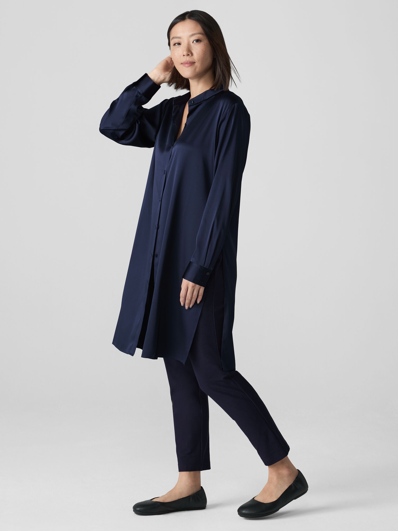 Stretch Silk Charmeuse Band Collar Long Shirt