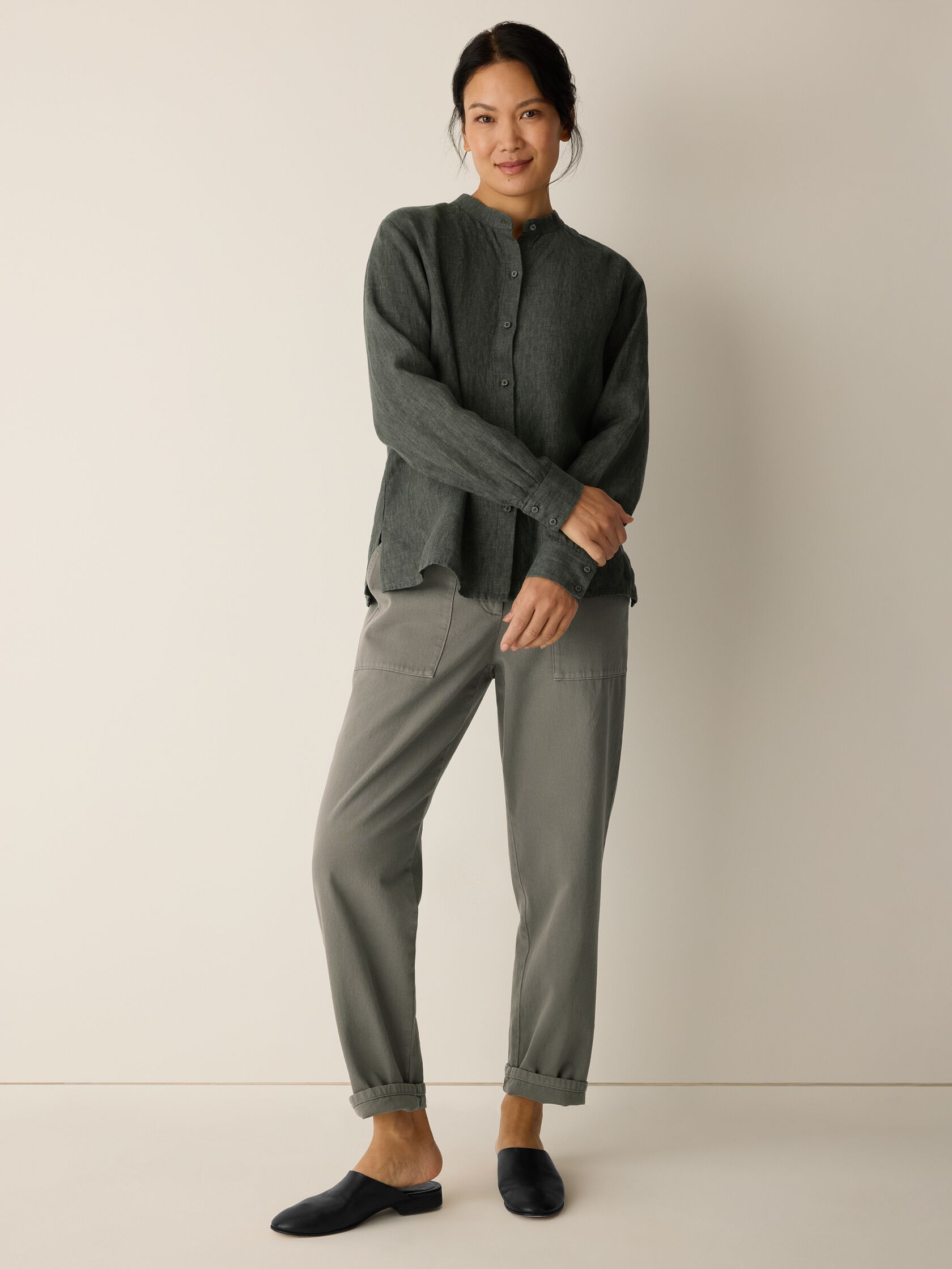 Washed Organic Linen Délavé Band Collar Shirt