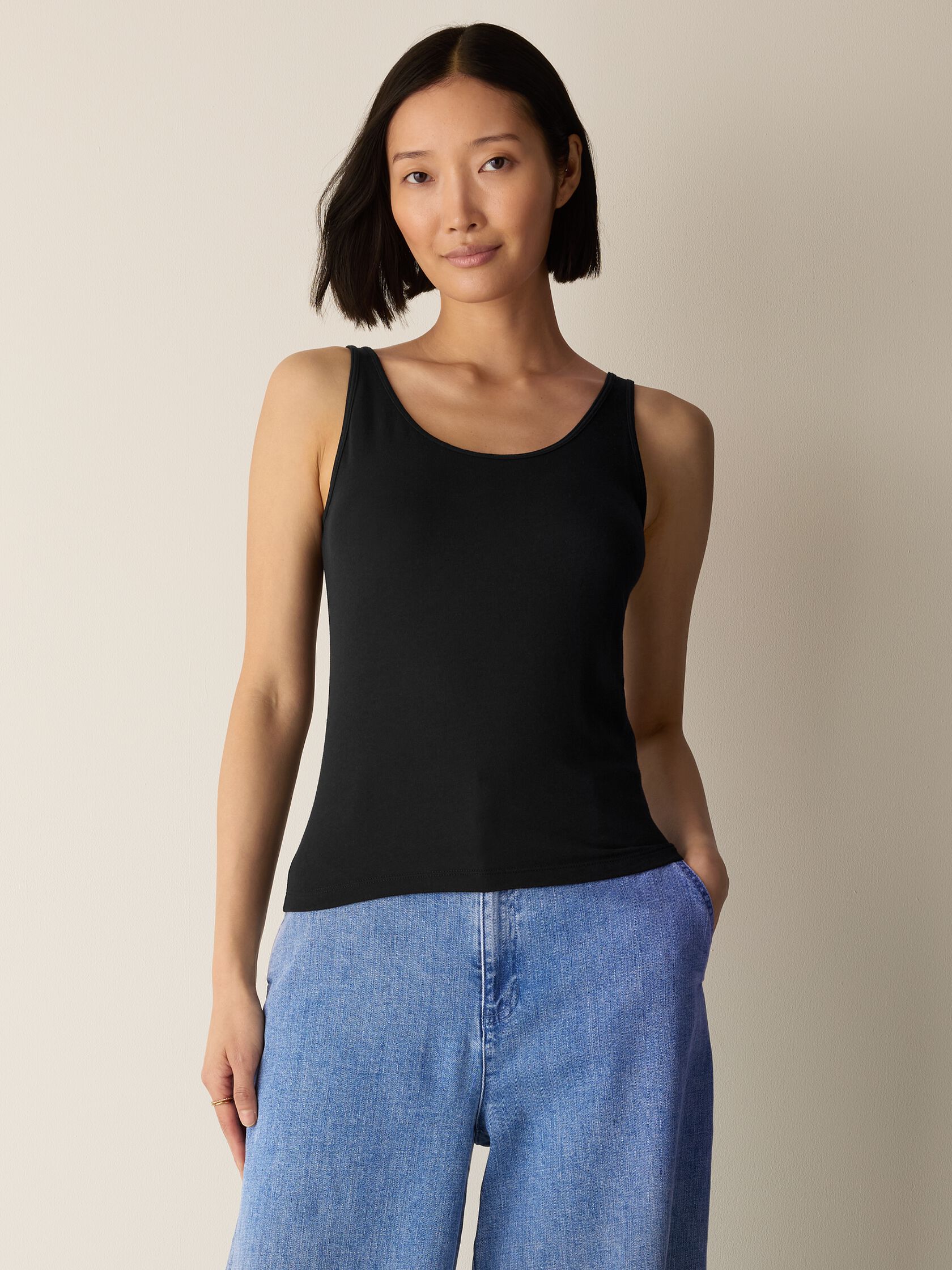 Sheer Cotton Blend Knit Scoop Neck Tank