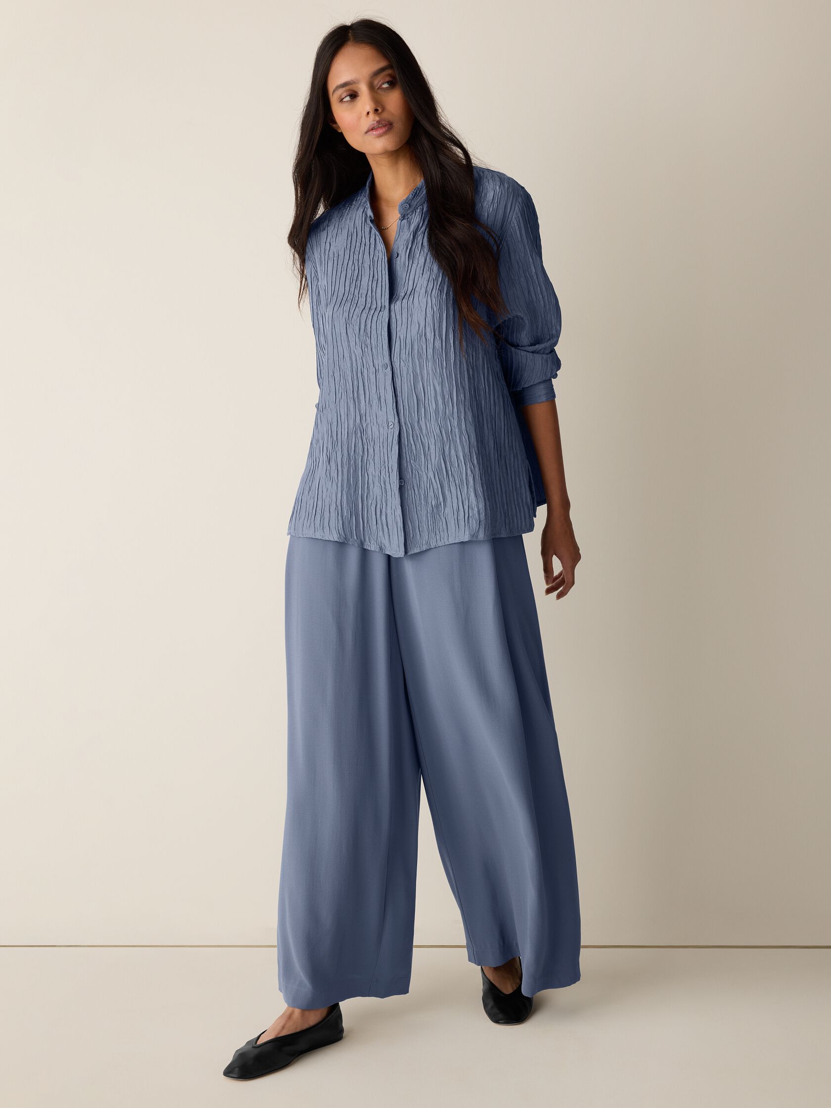 Textured Silk Jacquard Band Collar Shirt