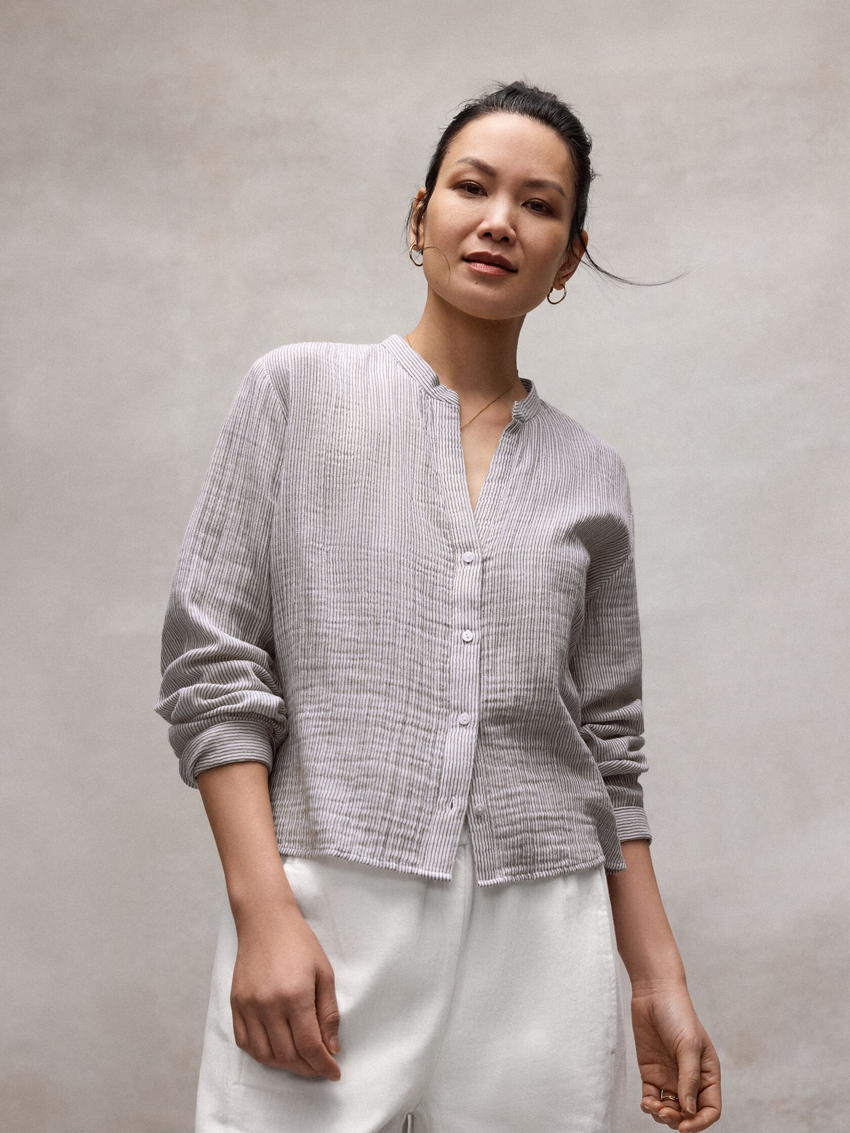 Striped Organic Cotton Gauze Band Collar Shirt