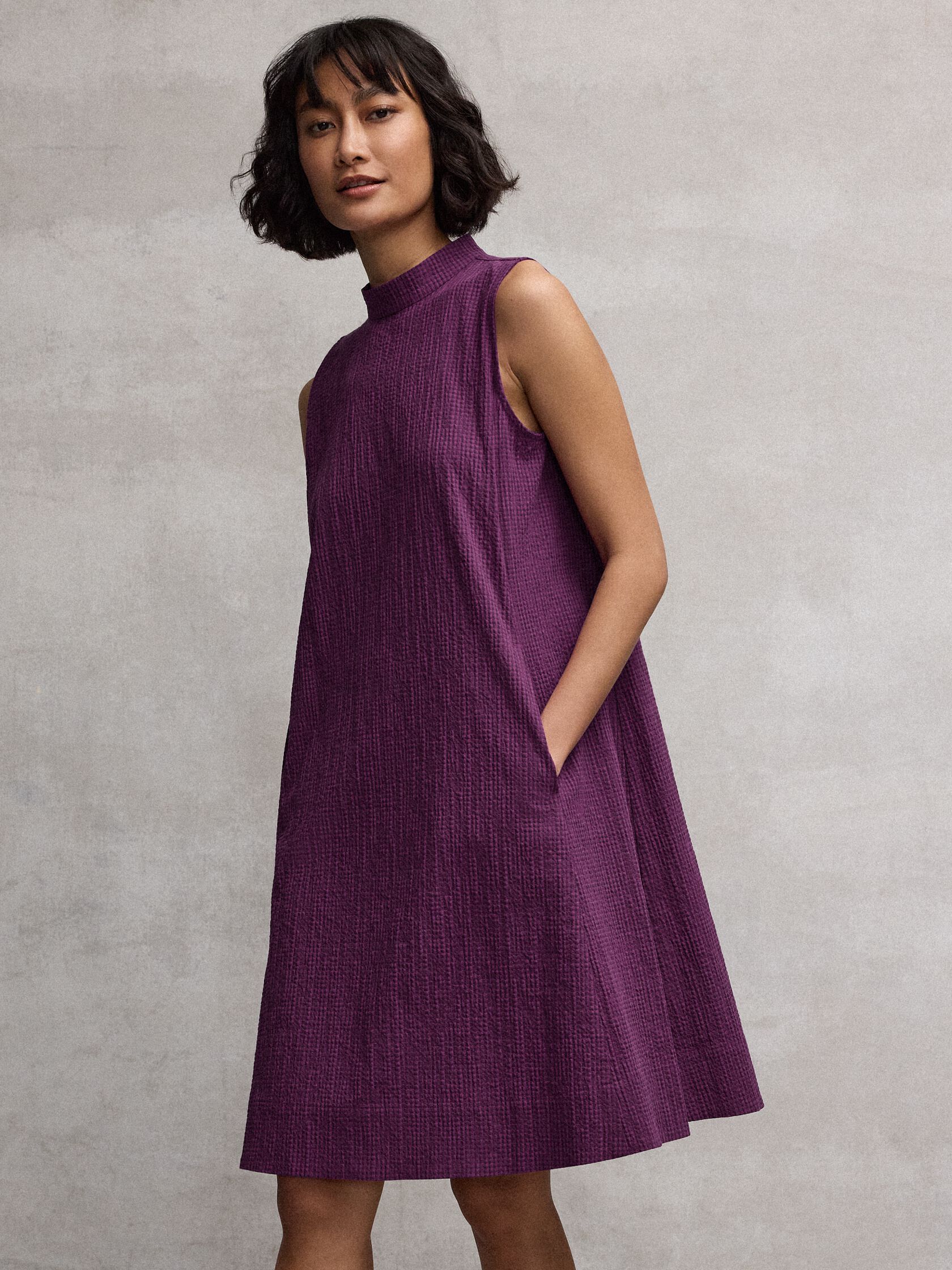 Organic Cotton Pucker Check Mock Neck Dress