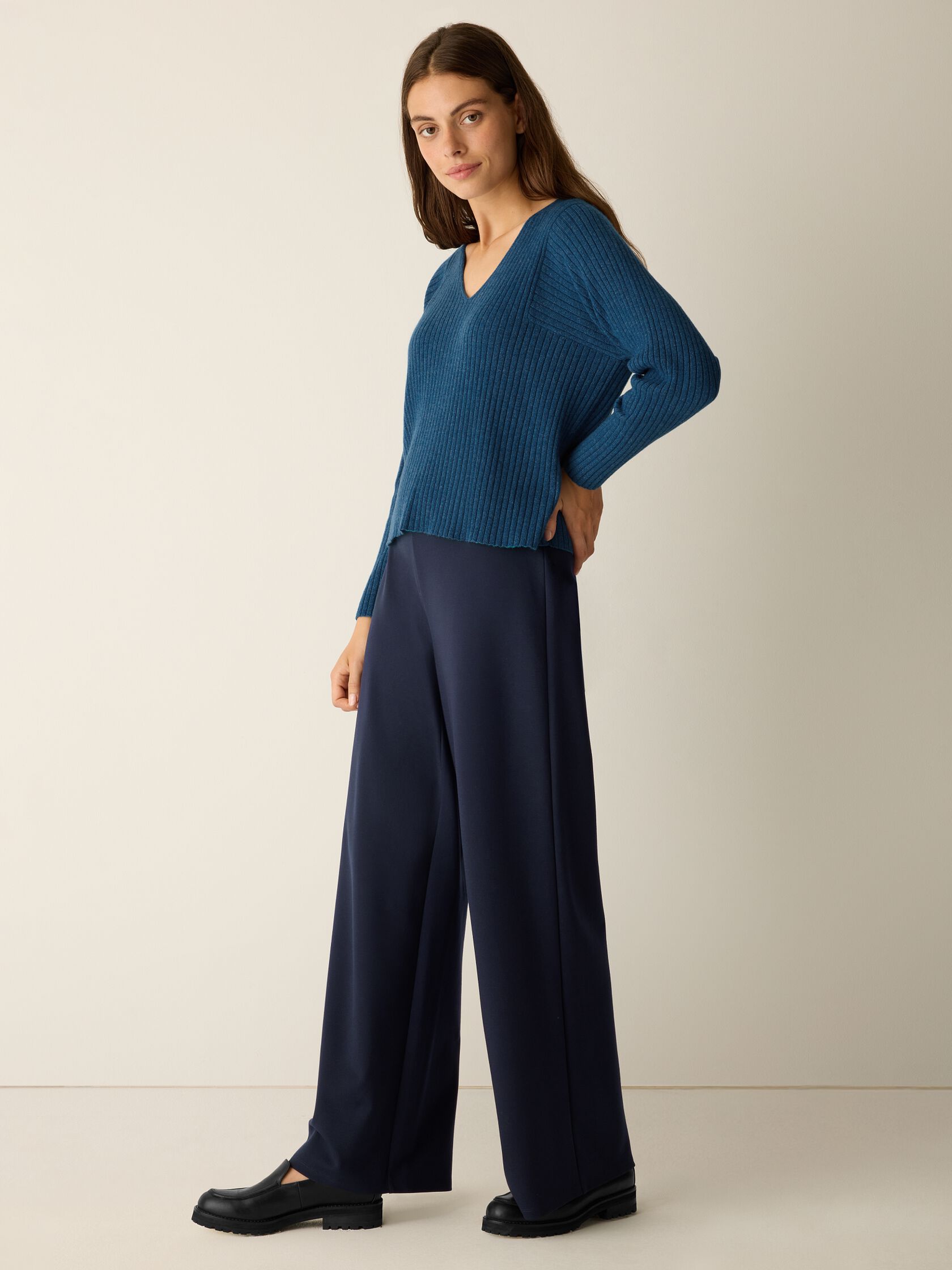 Italian Cashmere Ribbed V-Neck Top