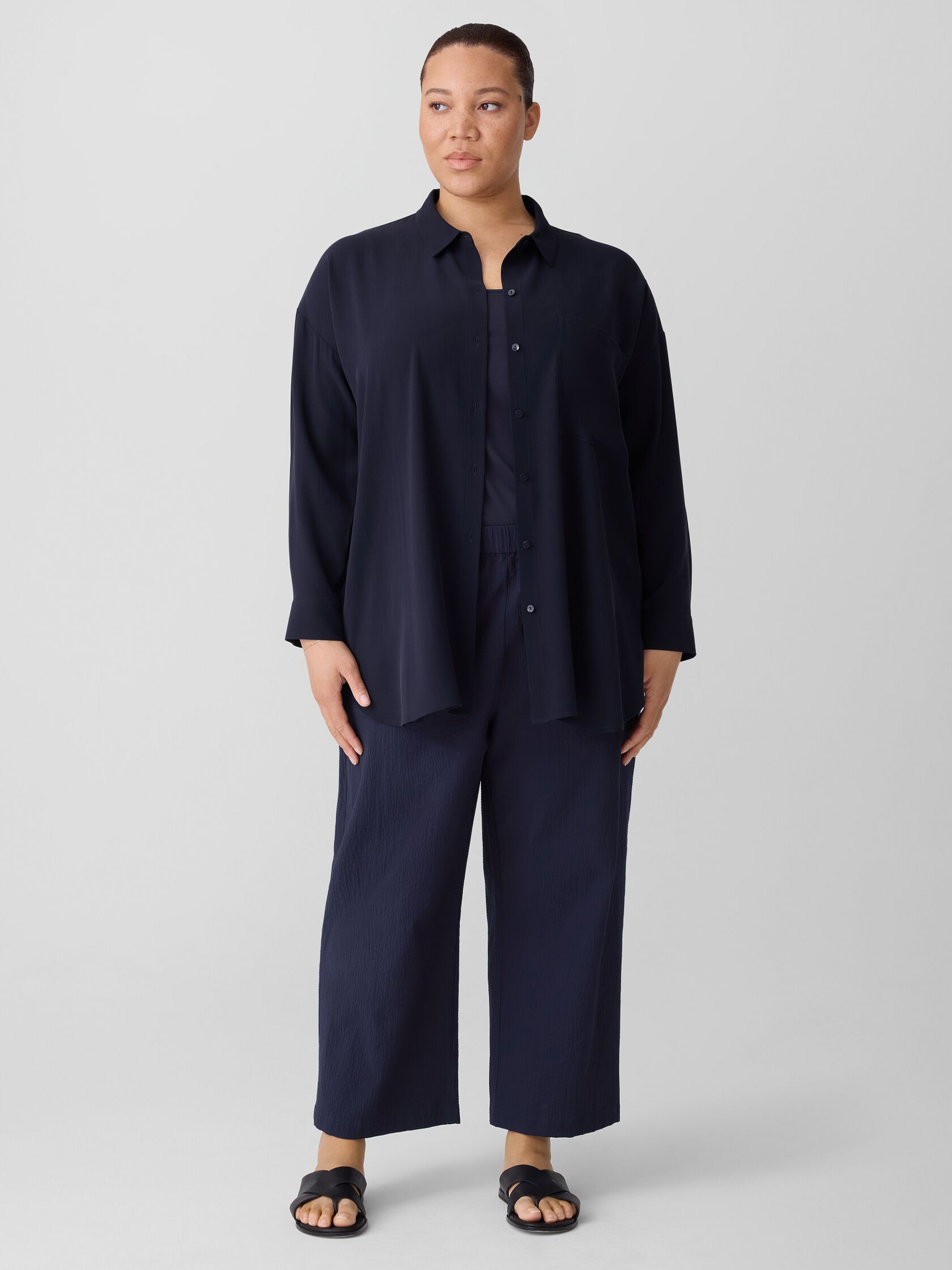 Silk Georgette Crepe Classic Collar Long Shirt