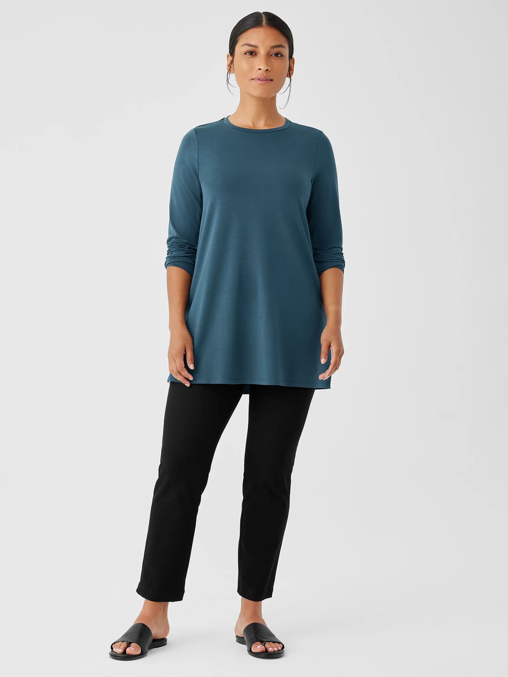 Stretch Jersey Knit Crew Neck Long Top