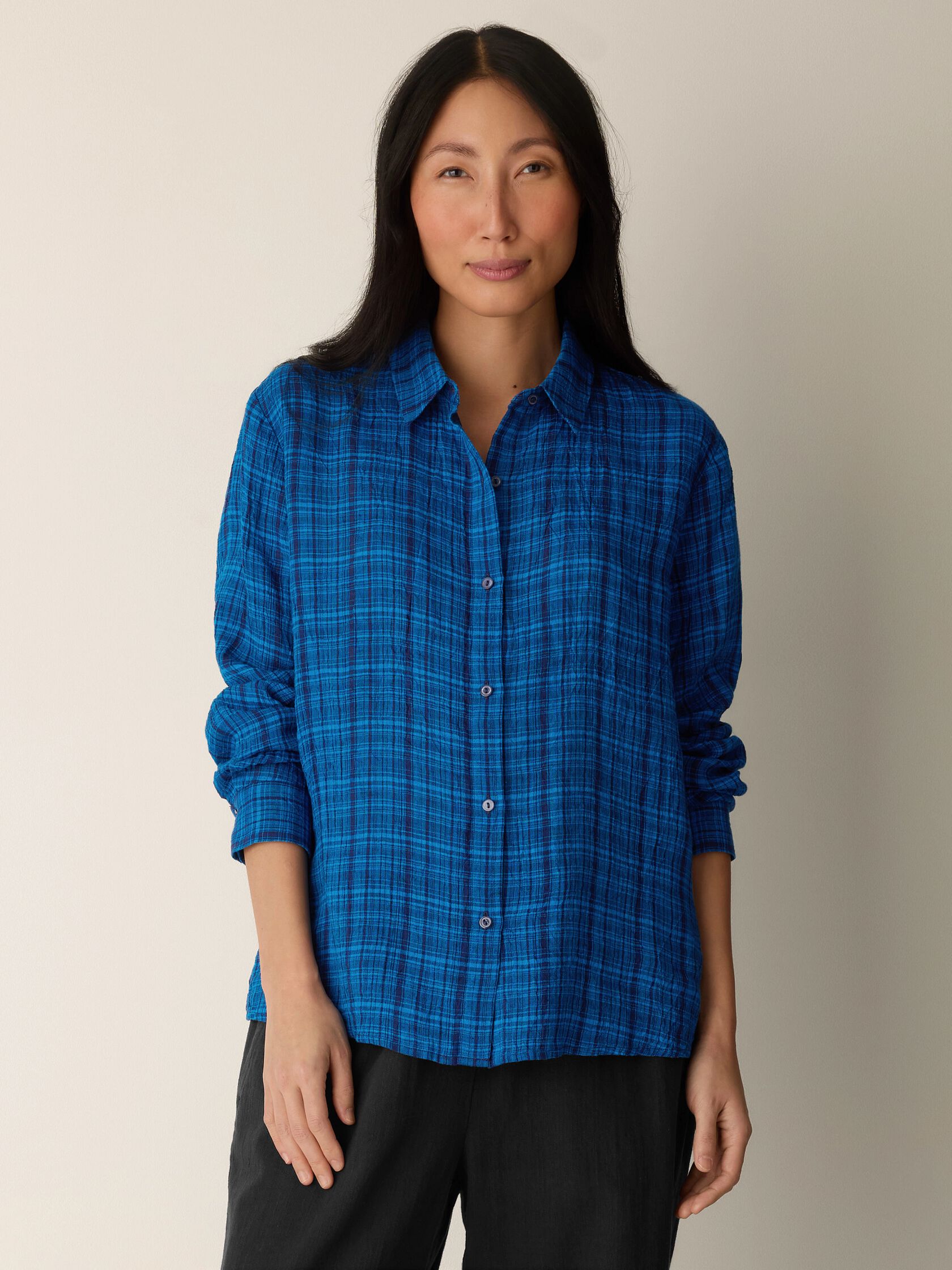 Puckered Organic Linen Plaid Classic Collar Shirt