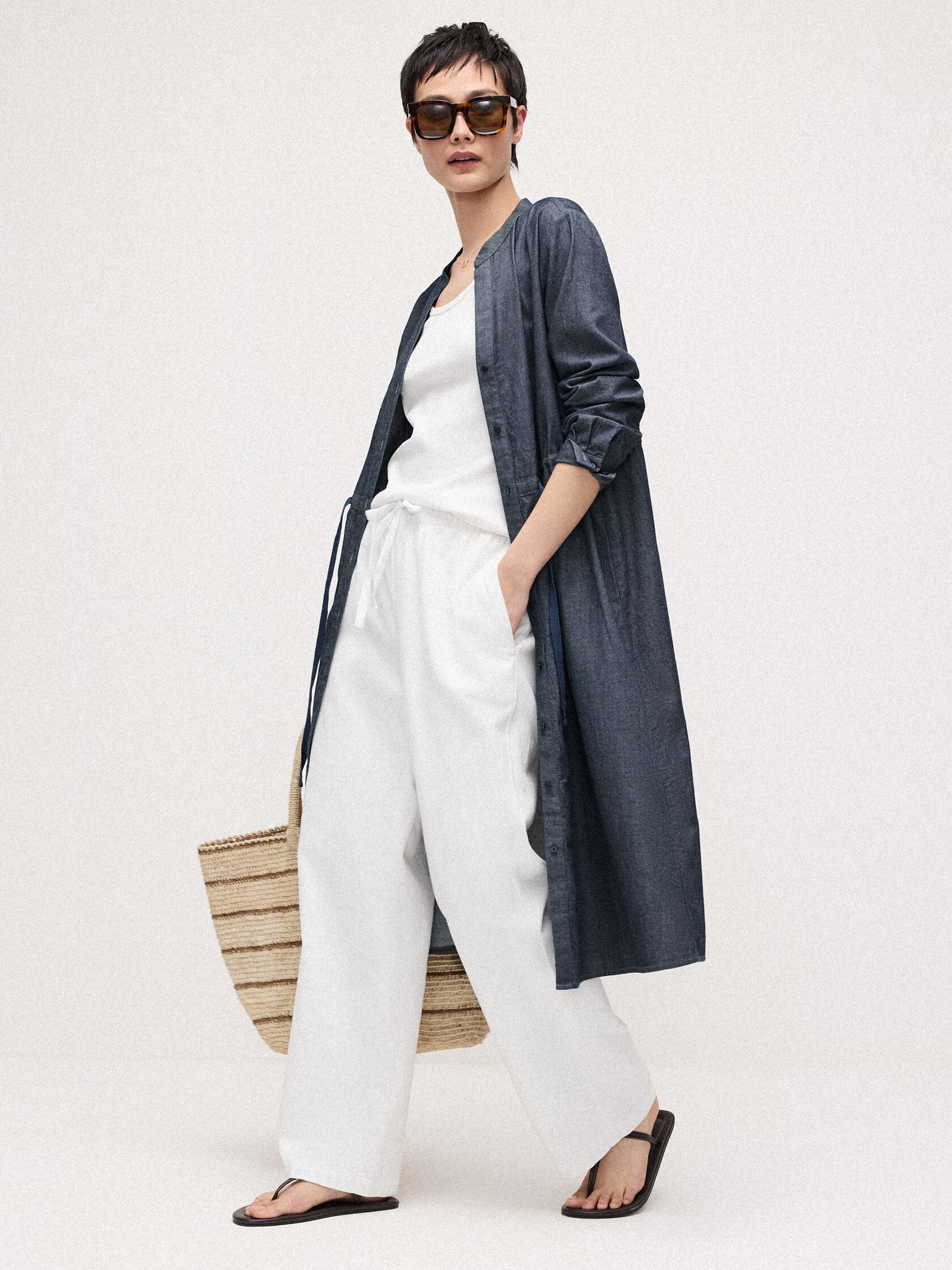 Airy Organic Cotton Twill Band Collar Shirtdress