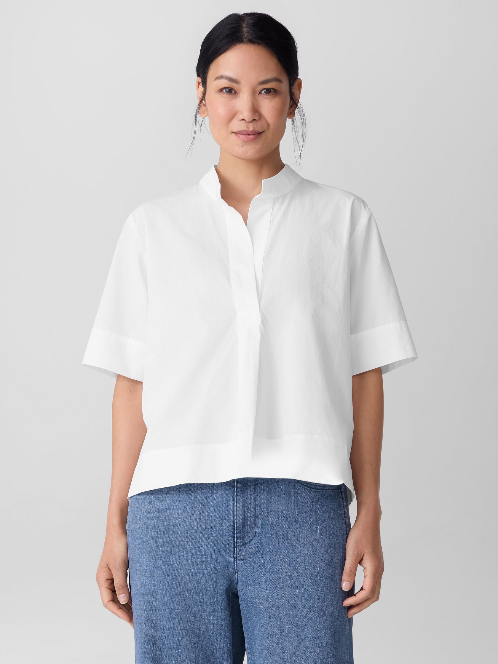 Washed Organic Cotton Poplin Split Neck Top