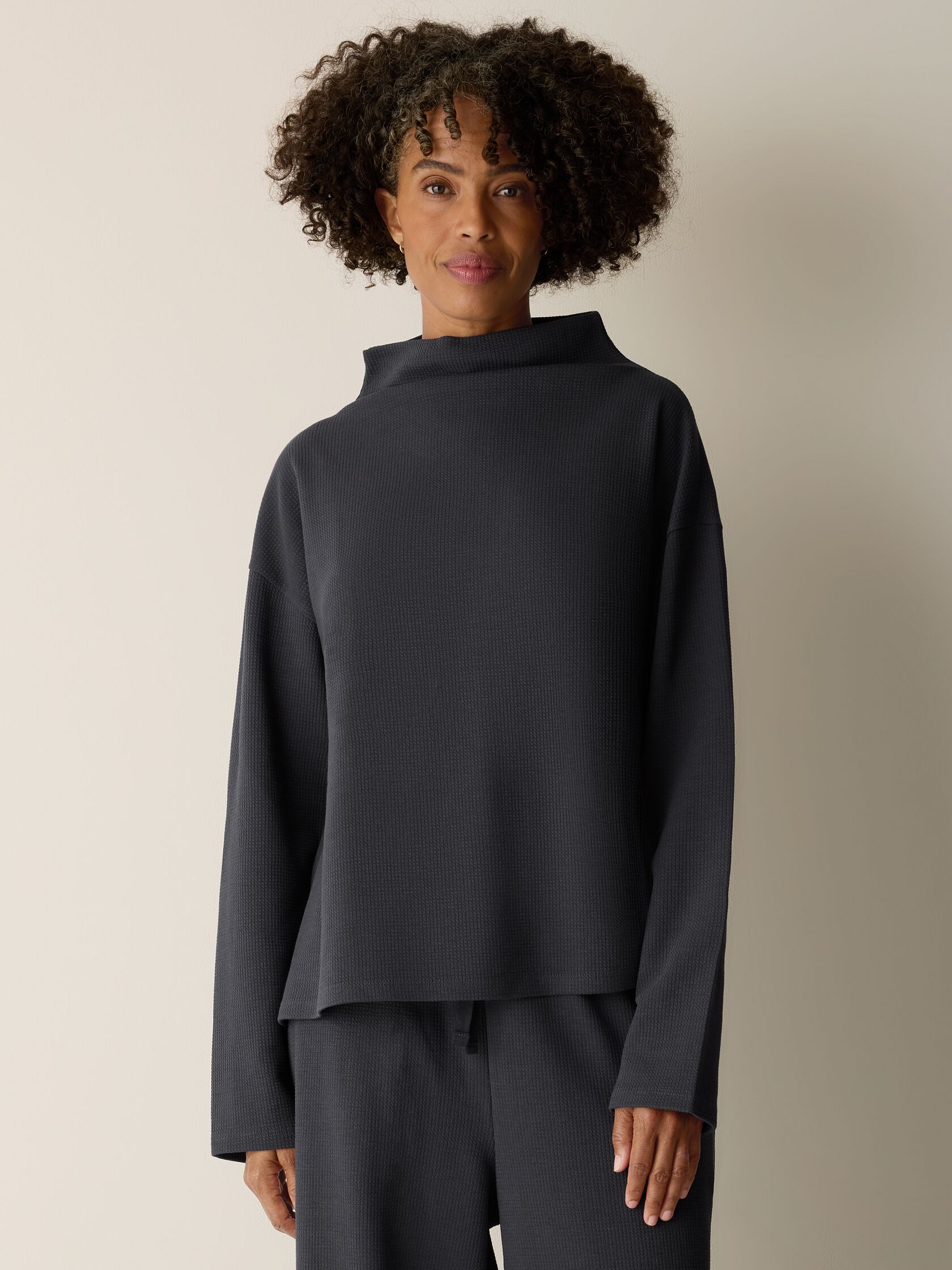 Waffle Cotton Blend Doubleknit Funnel Neck Box-Top