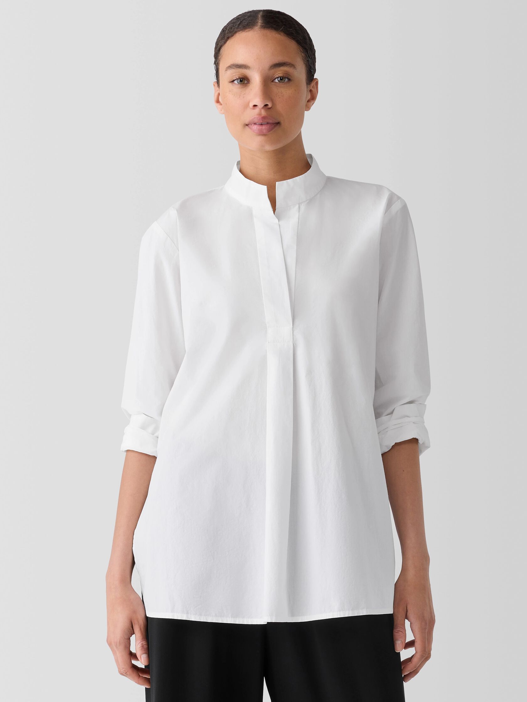 Washed Organic Cotton Poplin Stand Collar Top