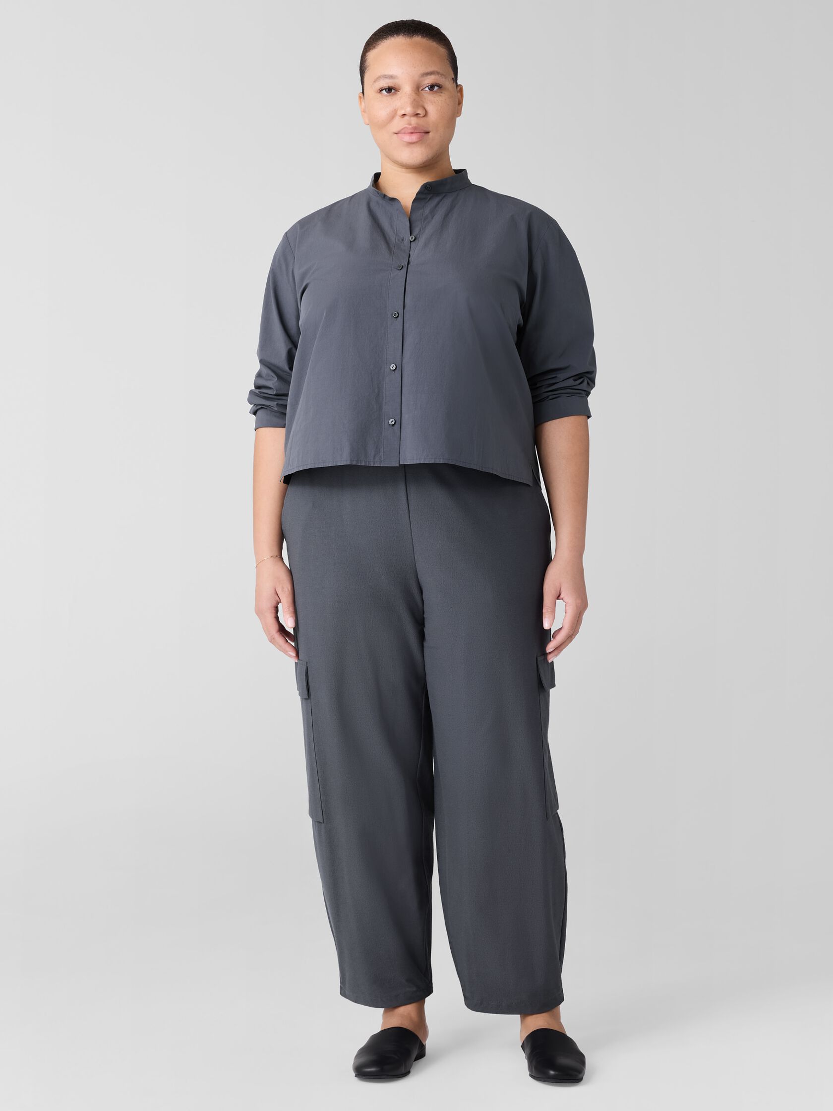 Washed Organic Cotton Poplin Band Collar Short Shirt