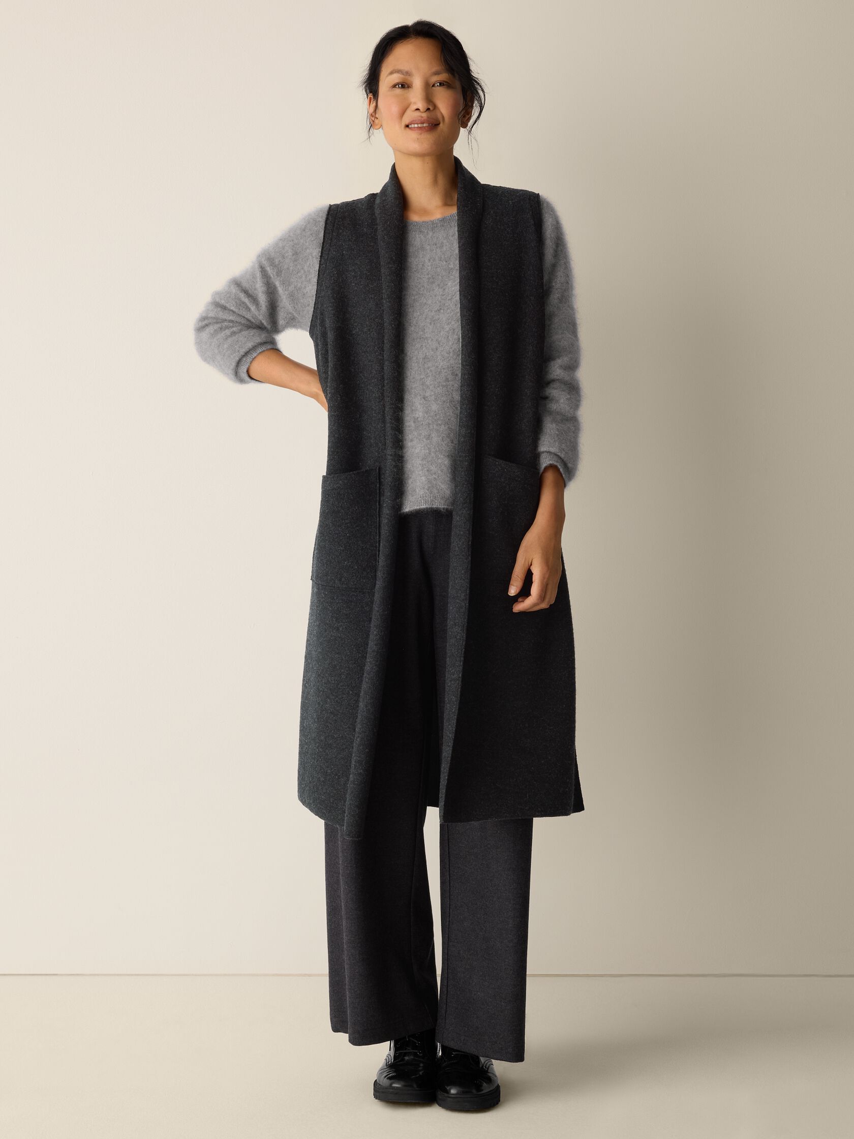 Lightweight Boiled Wool Shawl Collar Vest in Regenerative Wool