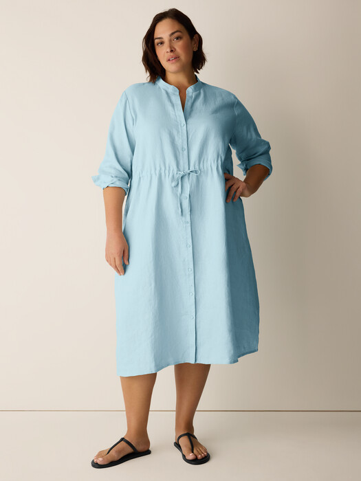 eileen fisher band collar linen dress EILEEN FISHER Puckered Organic-Linen Mandarin-Collar Dress