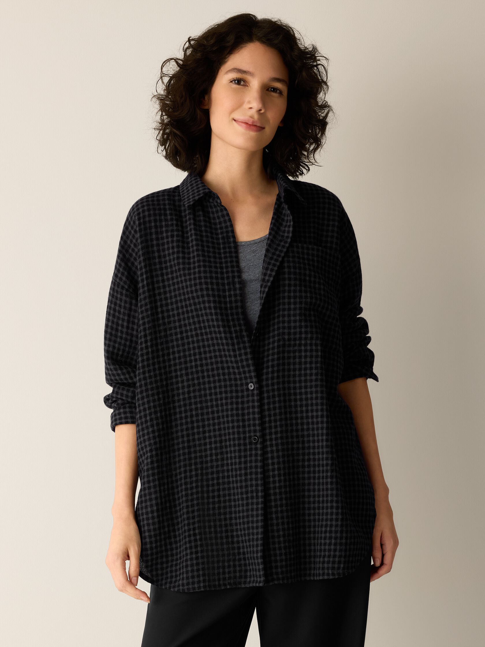 Wool Cotton Check Classic Collar Long Shirt