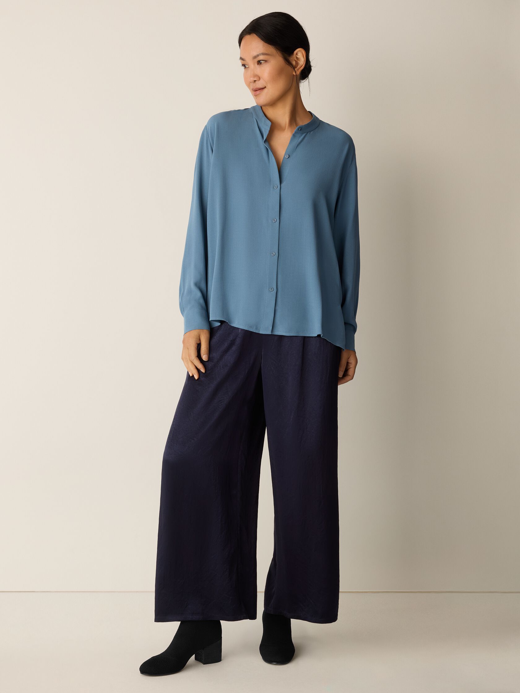 Silk Georgette Crepe Band Collar Top
