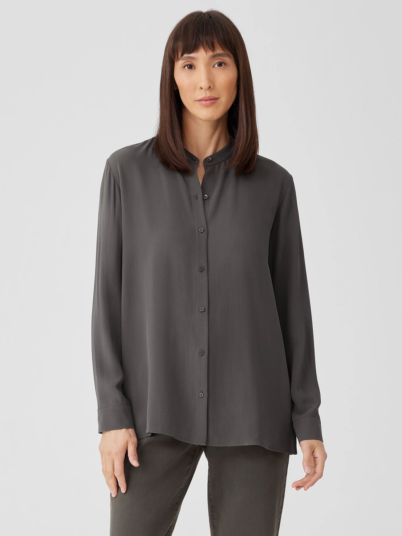 Silk Georgette Crepe Band Collar Shirt