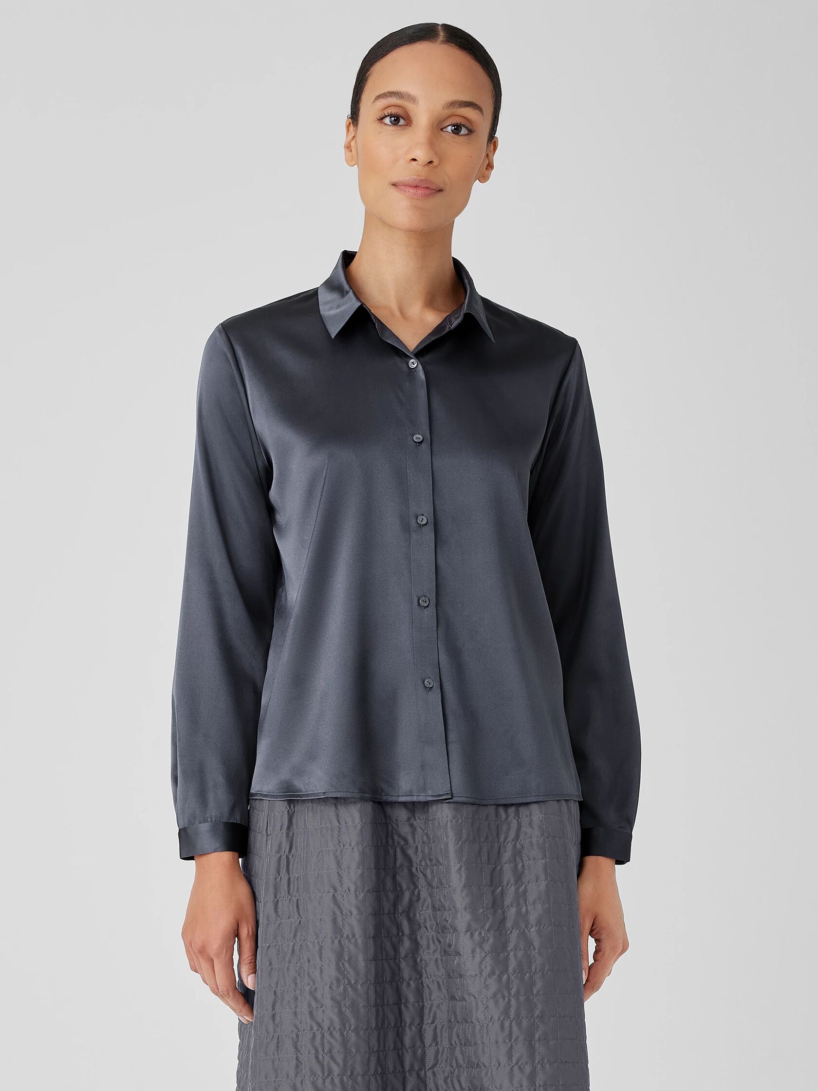 Stretch Silk Charmeuse Classic Collar Shirt