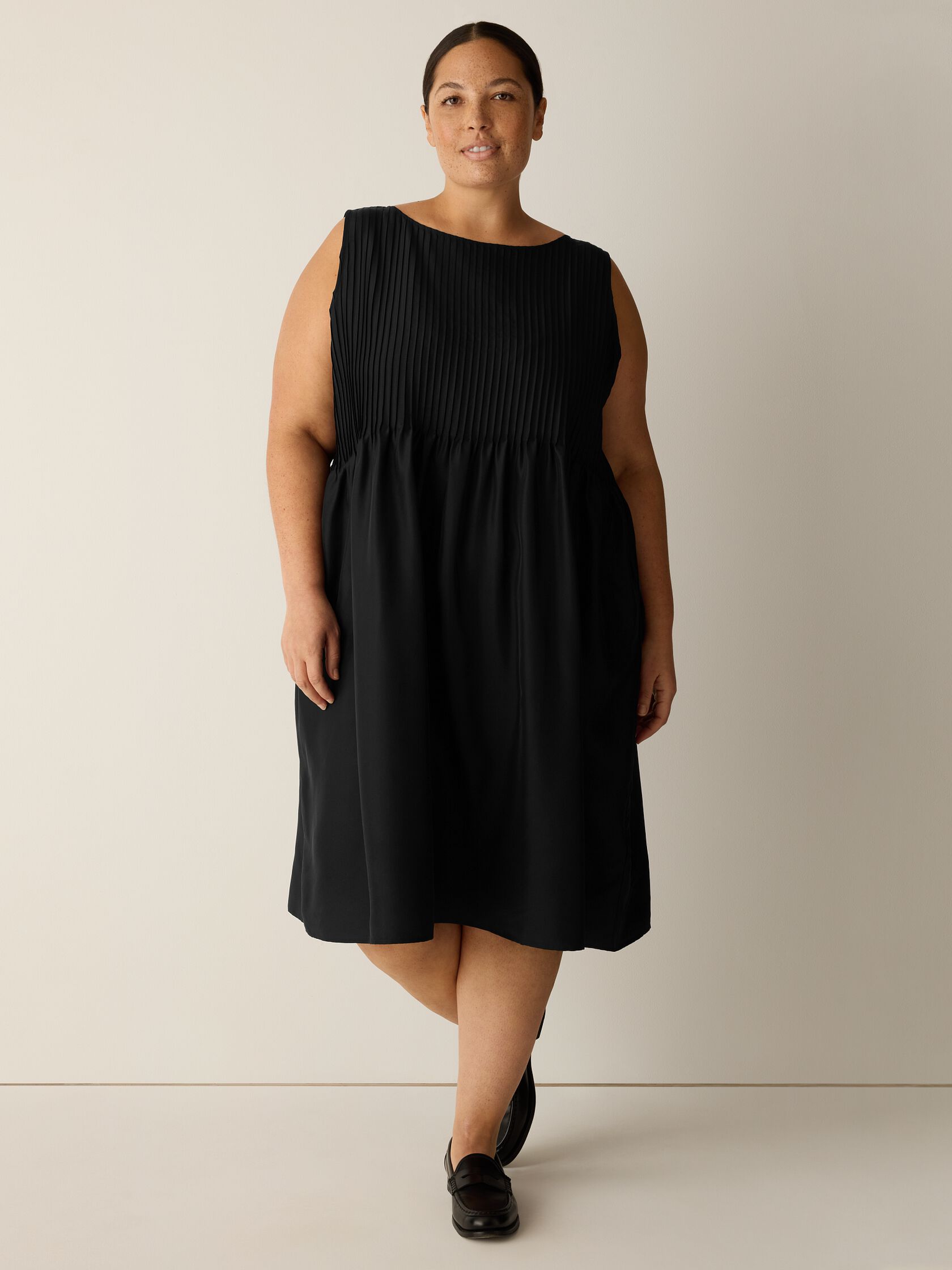 Pleated Silk Bateau Neck Dress