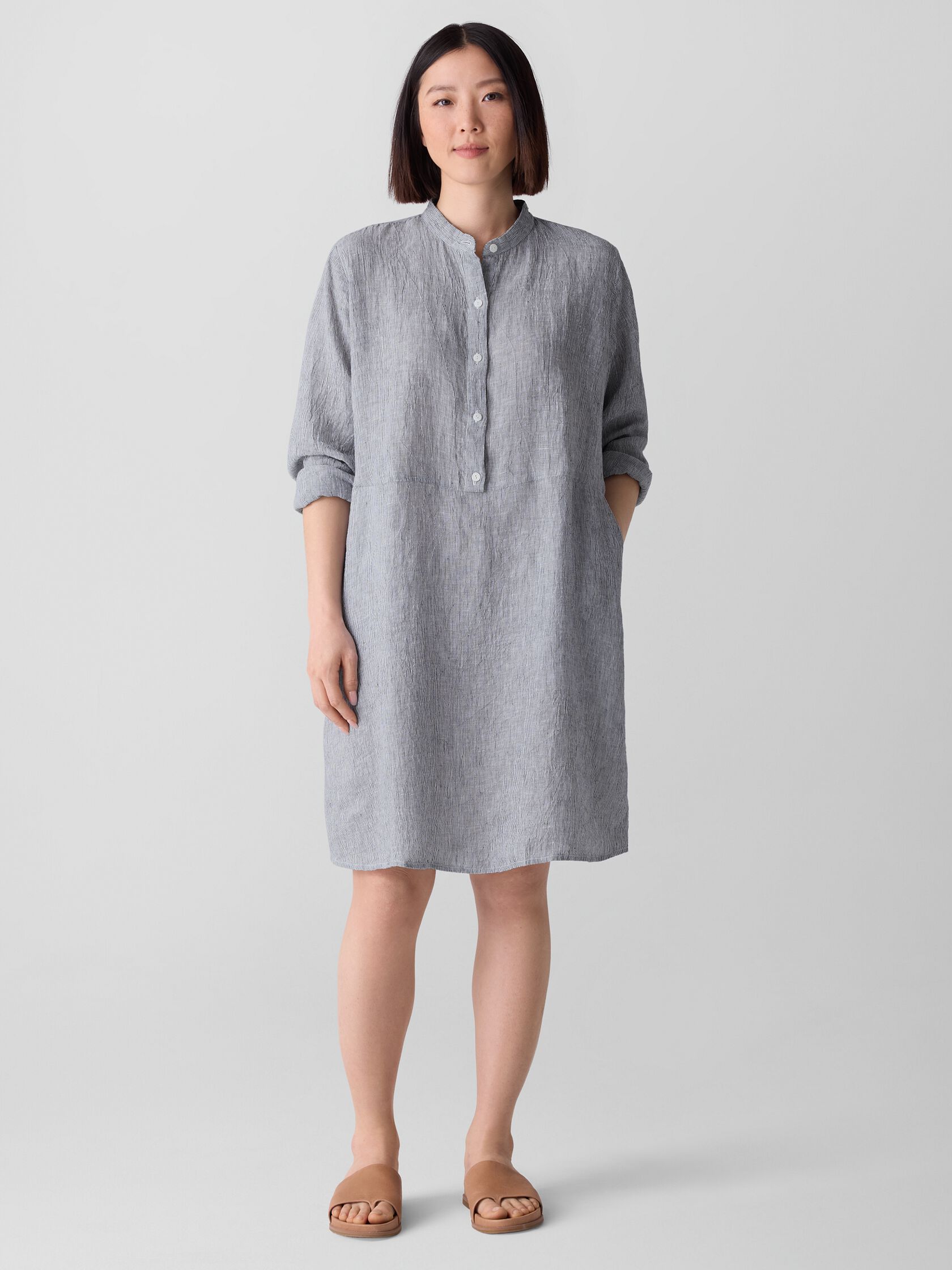 Puckered Organic Linen Stripe Band Collar Shirtdress