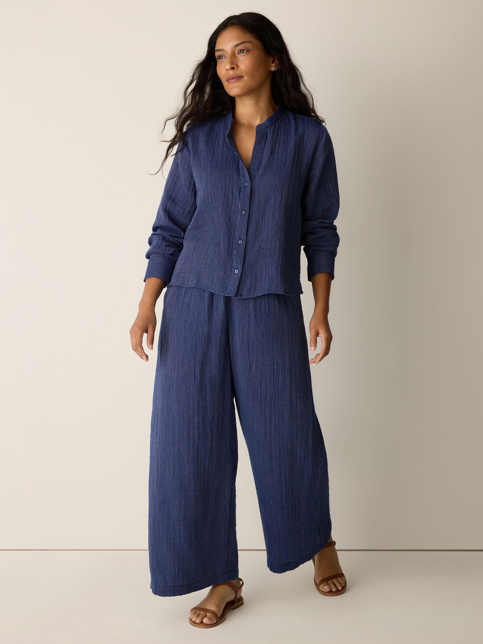 Striped Organic Cotton Gauze Band Collar Shirt