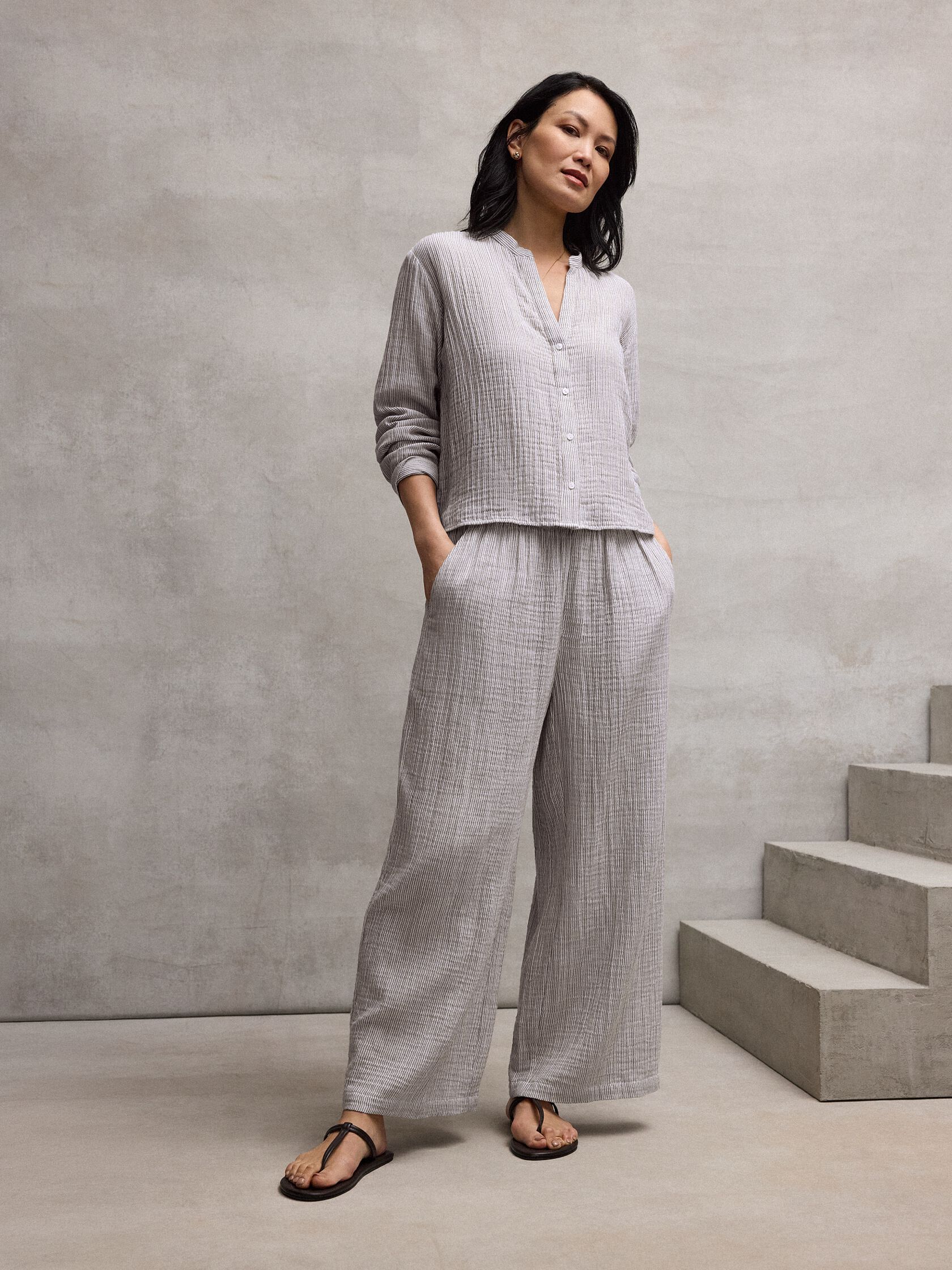 Striped Organic Cotton Gauze Wide-Leg Pant