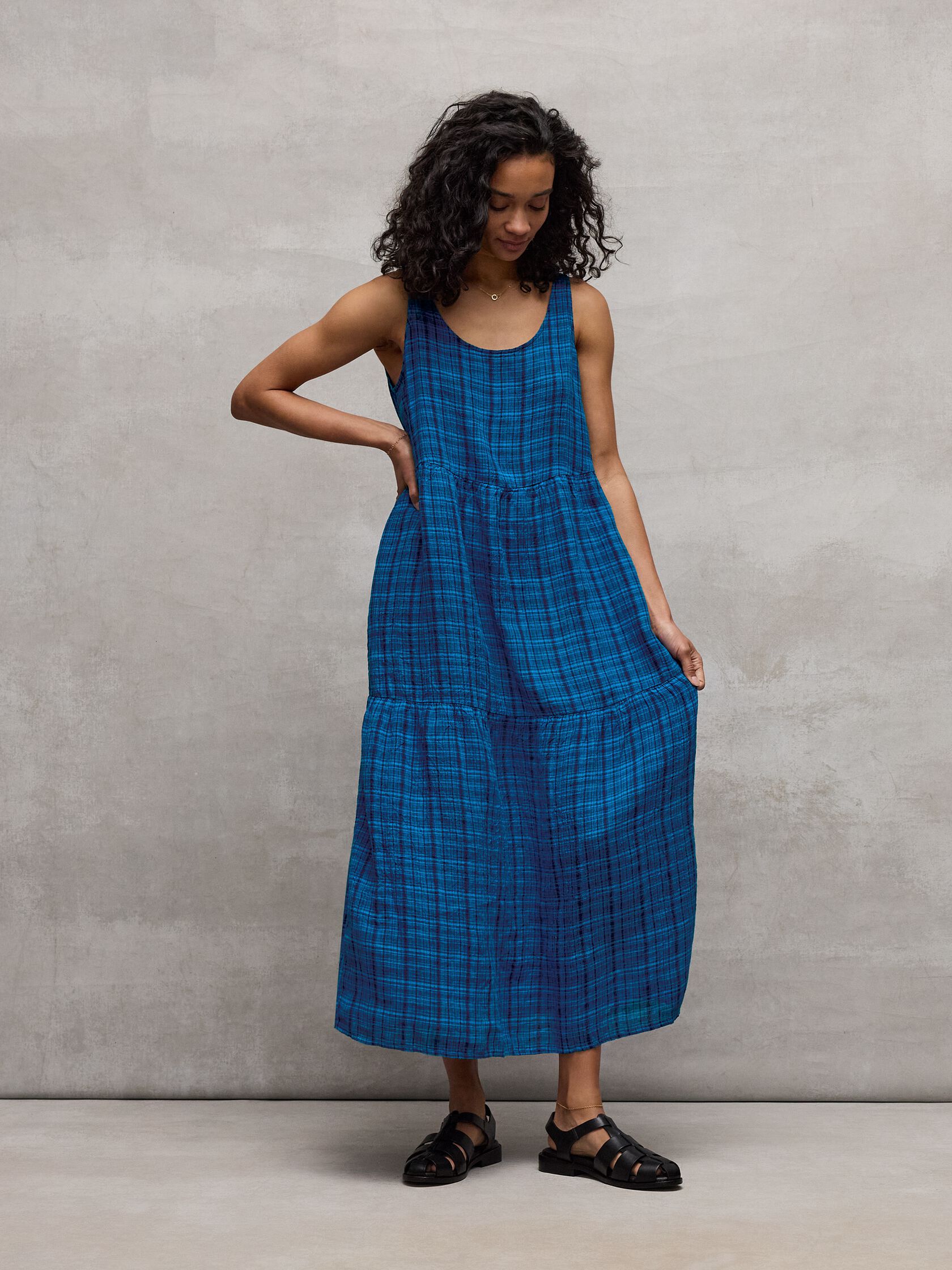 Puckered Organic Linen Plaid Tiered Dress