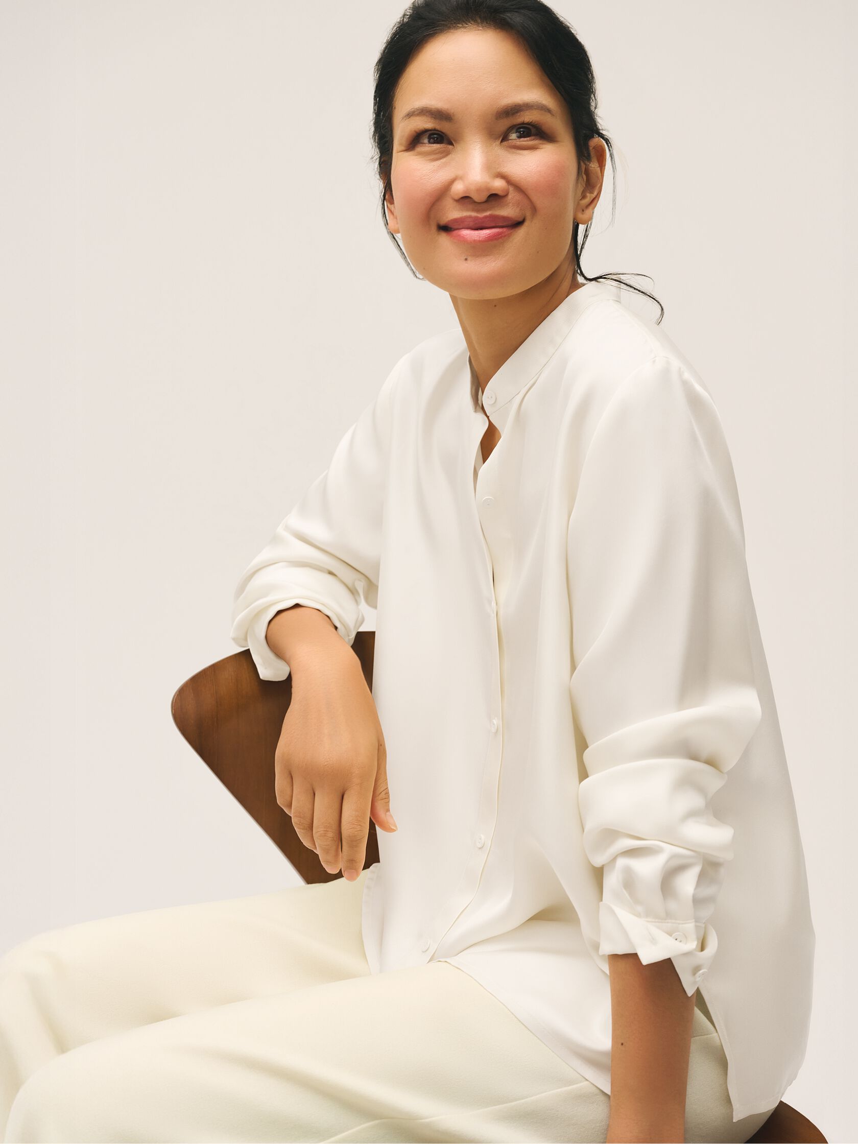 Silk Twill Band Collar Shirt