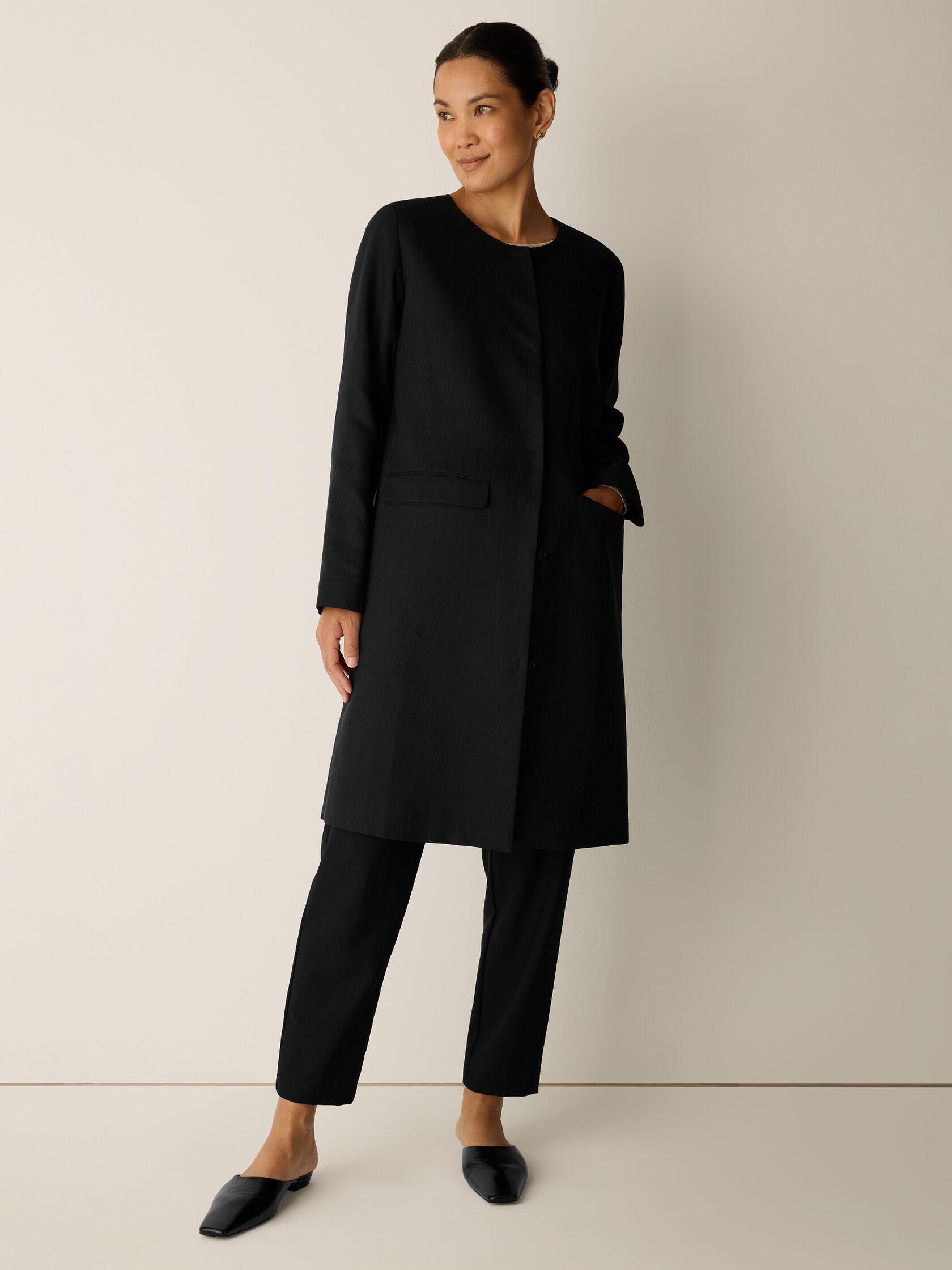 Textured Silk Weave Round Neck Coat