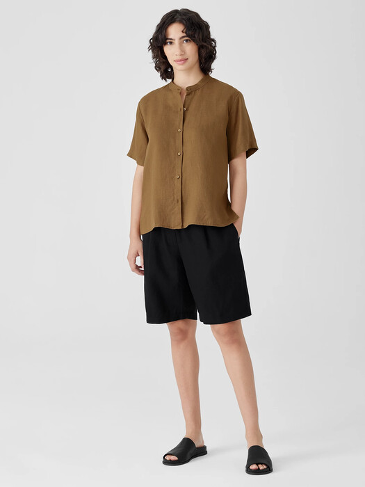 Organic Handkerchief Linen Band Collar Short-Sleeve Shirt