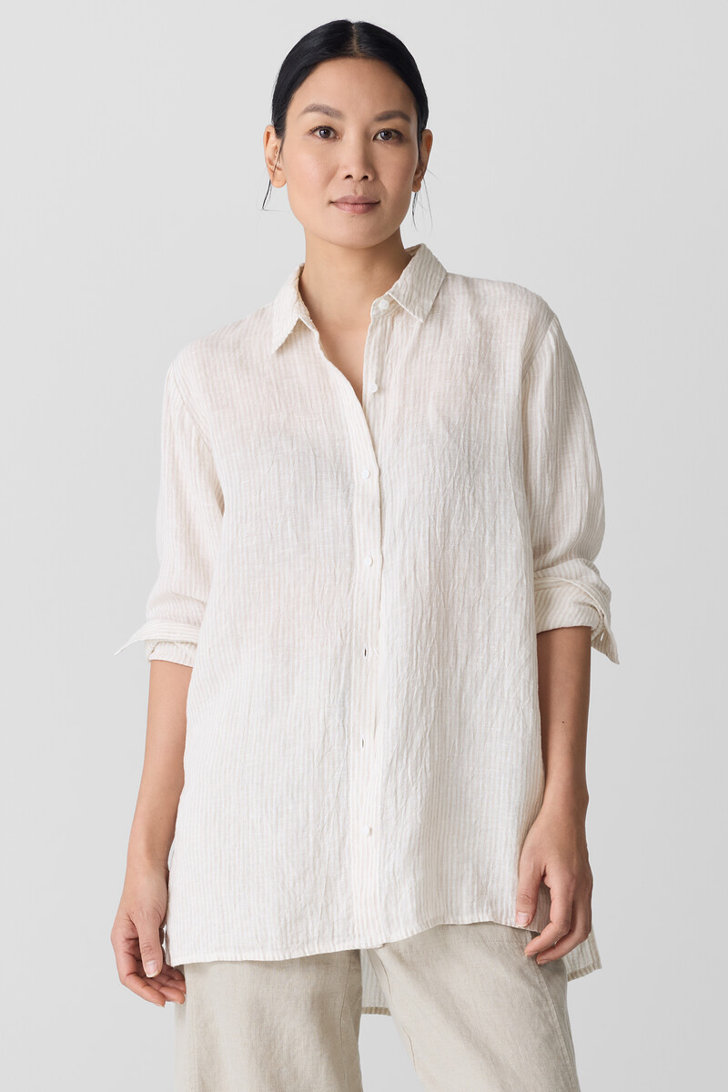 Puckered Organic Linen Stripe Classic Collar Shirt Puckered Organic Linen Stripe Classic Collar Shirt