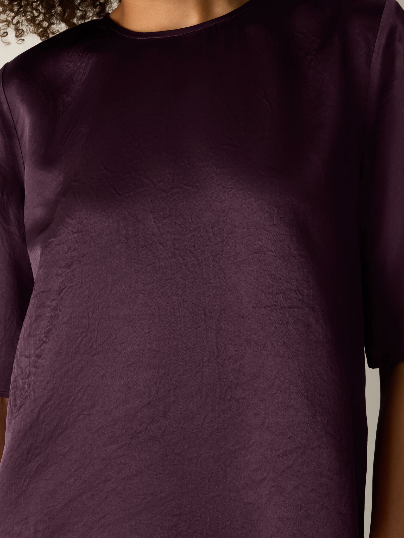 Textured Satin Round Neck Elbow-Sleeve Top