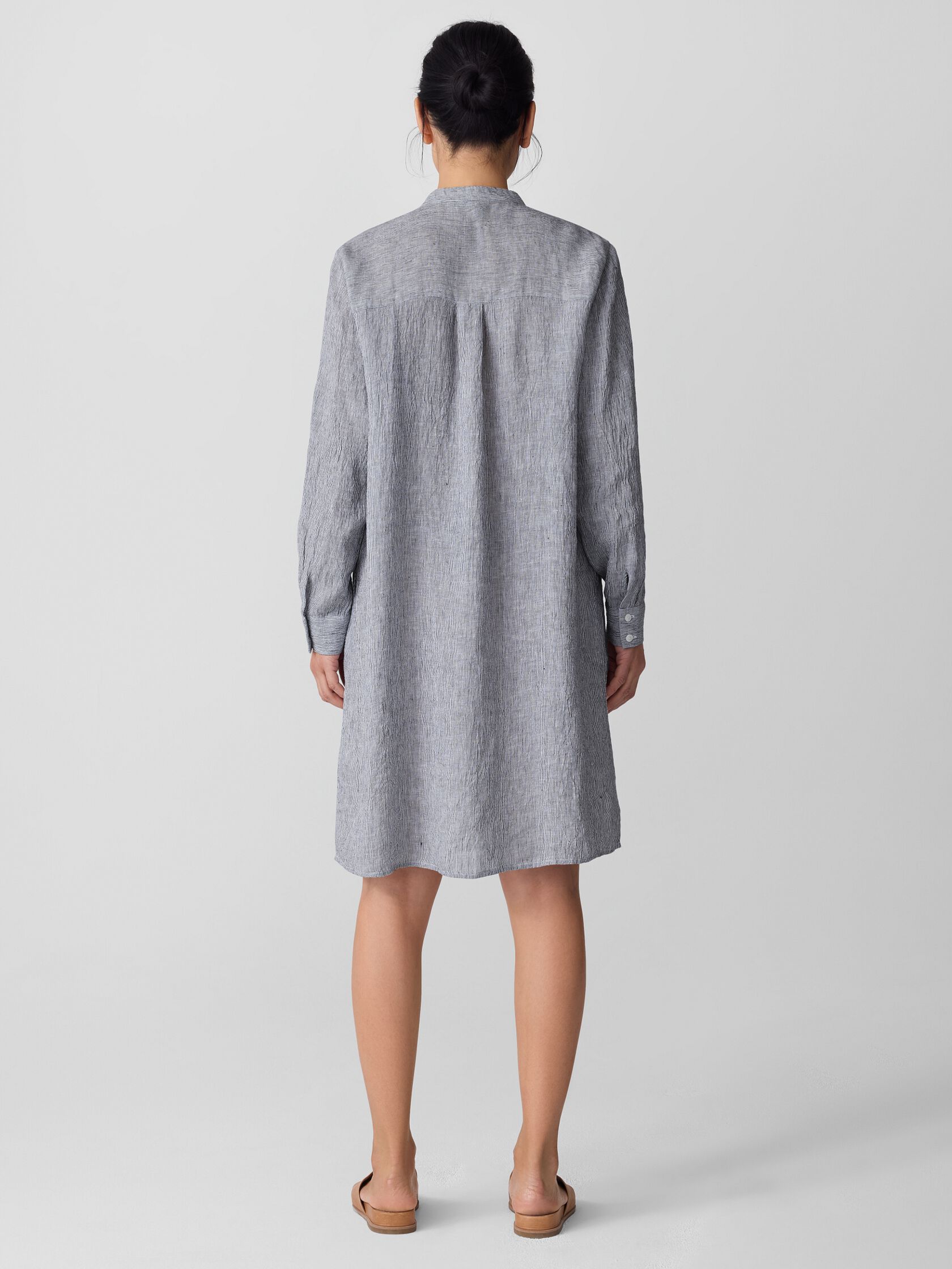 Puckered Organic Linen Stripe Band Collar Shirtdress