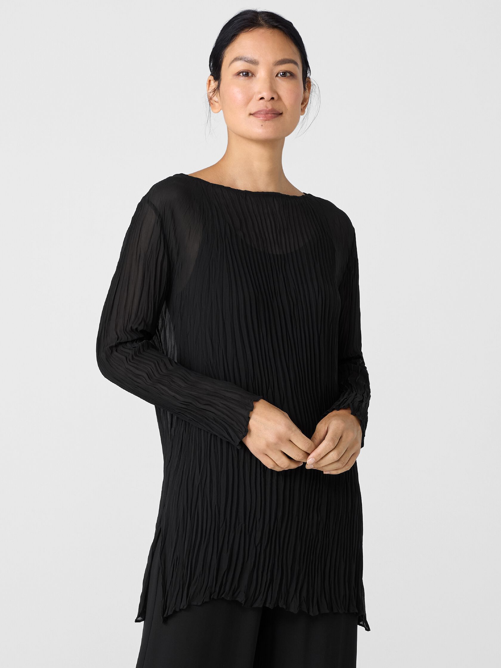 Crinkled Sheer Silk Georgette Bateau Neck Long Top