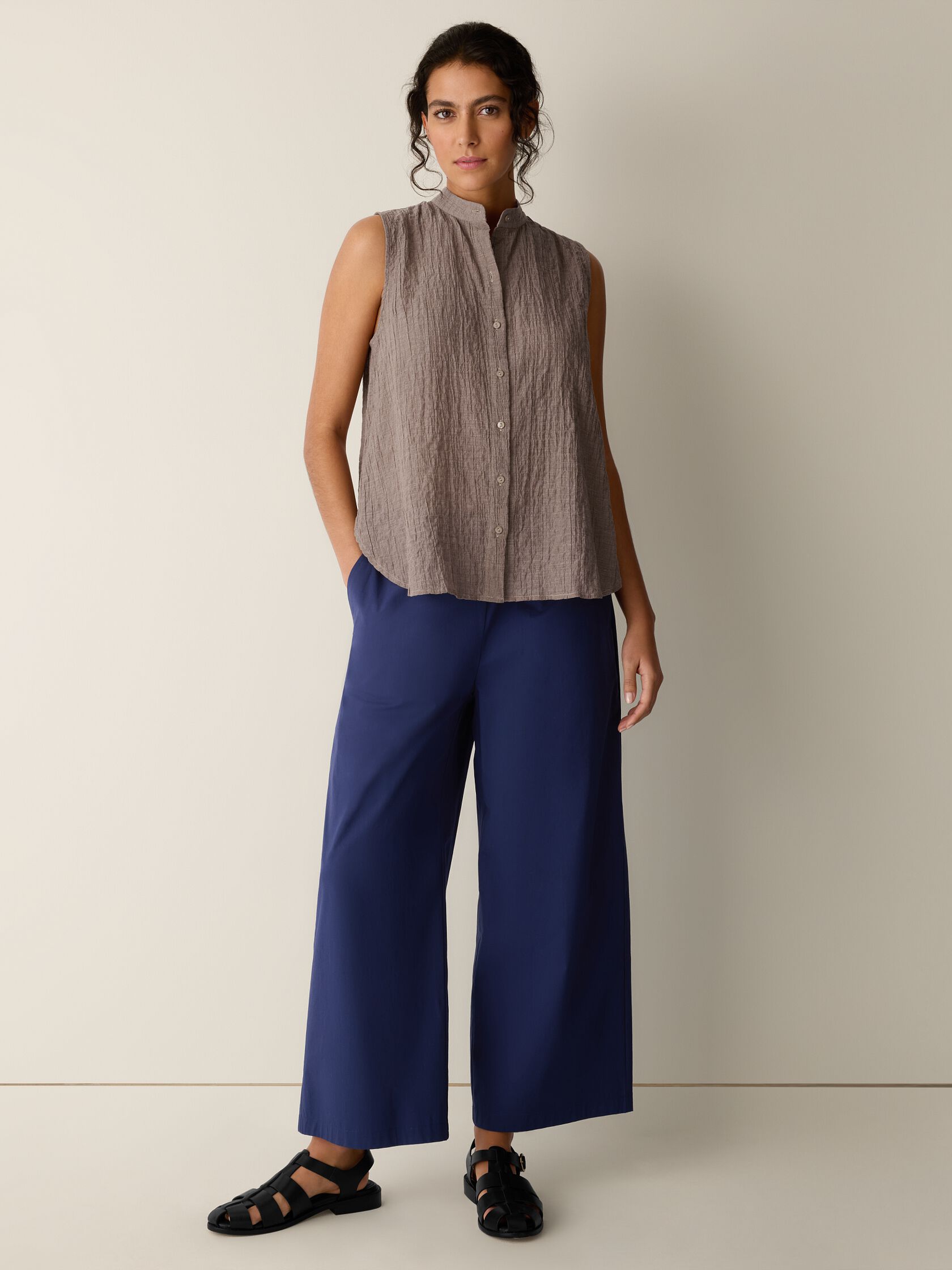 Organic Cotton Microstripe Pucker Sleeveless Shirt