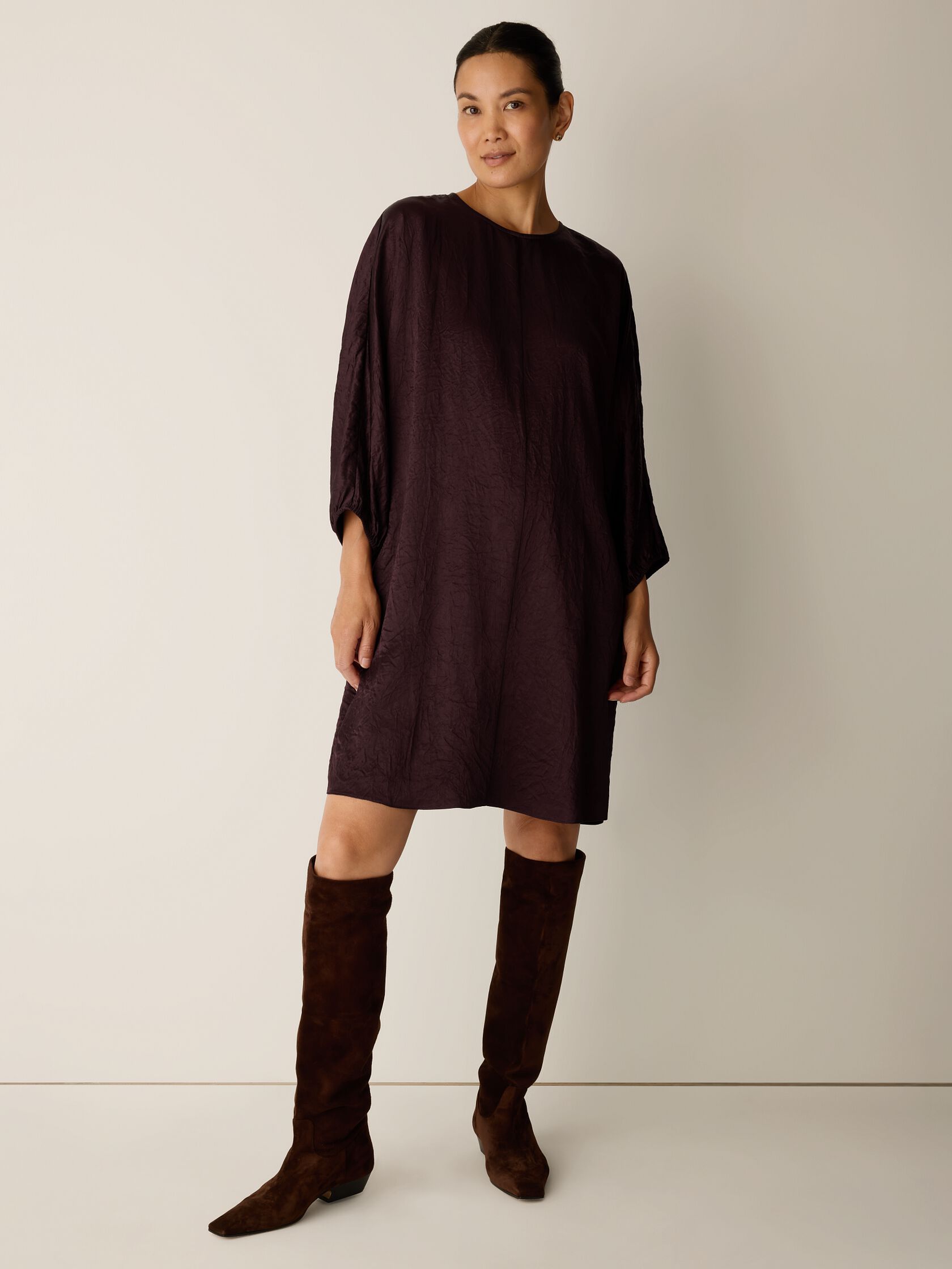 Textured Satin Round Neck Dolman-Sleeve Dress