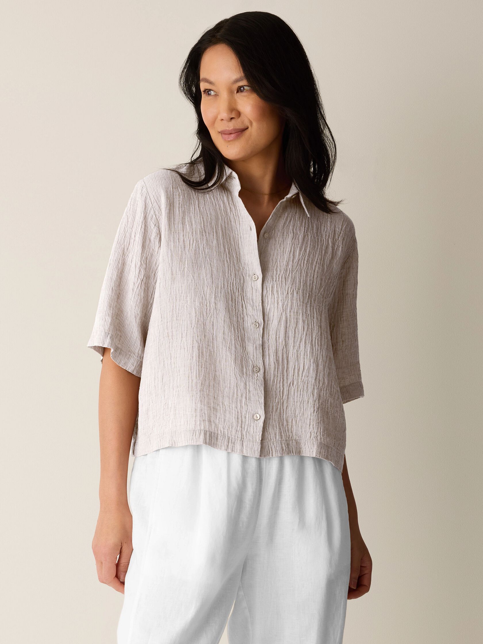 Puckered Organic Linen Stripe Elbow-Sleeve Shirt
