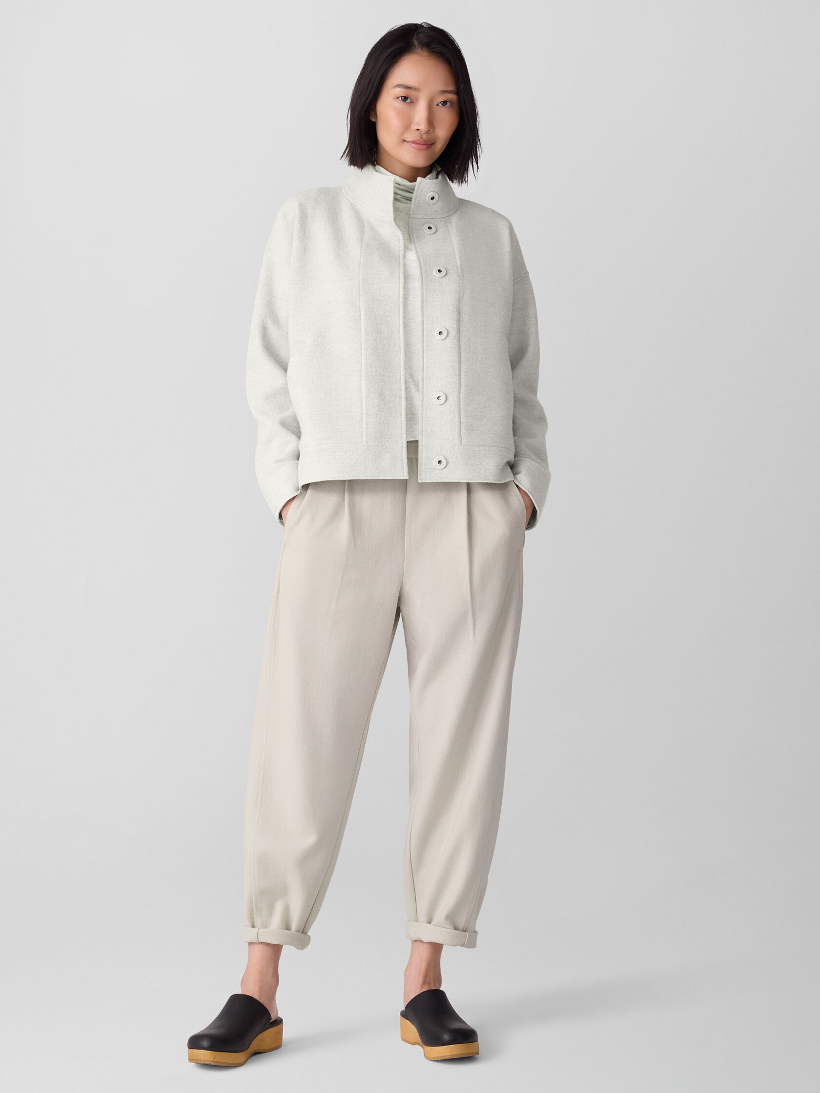 Lightweight Boiled Wool Stand Collar Jacket in Regenerative Wool