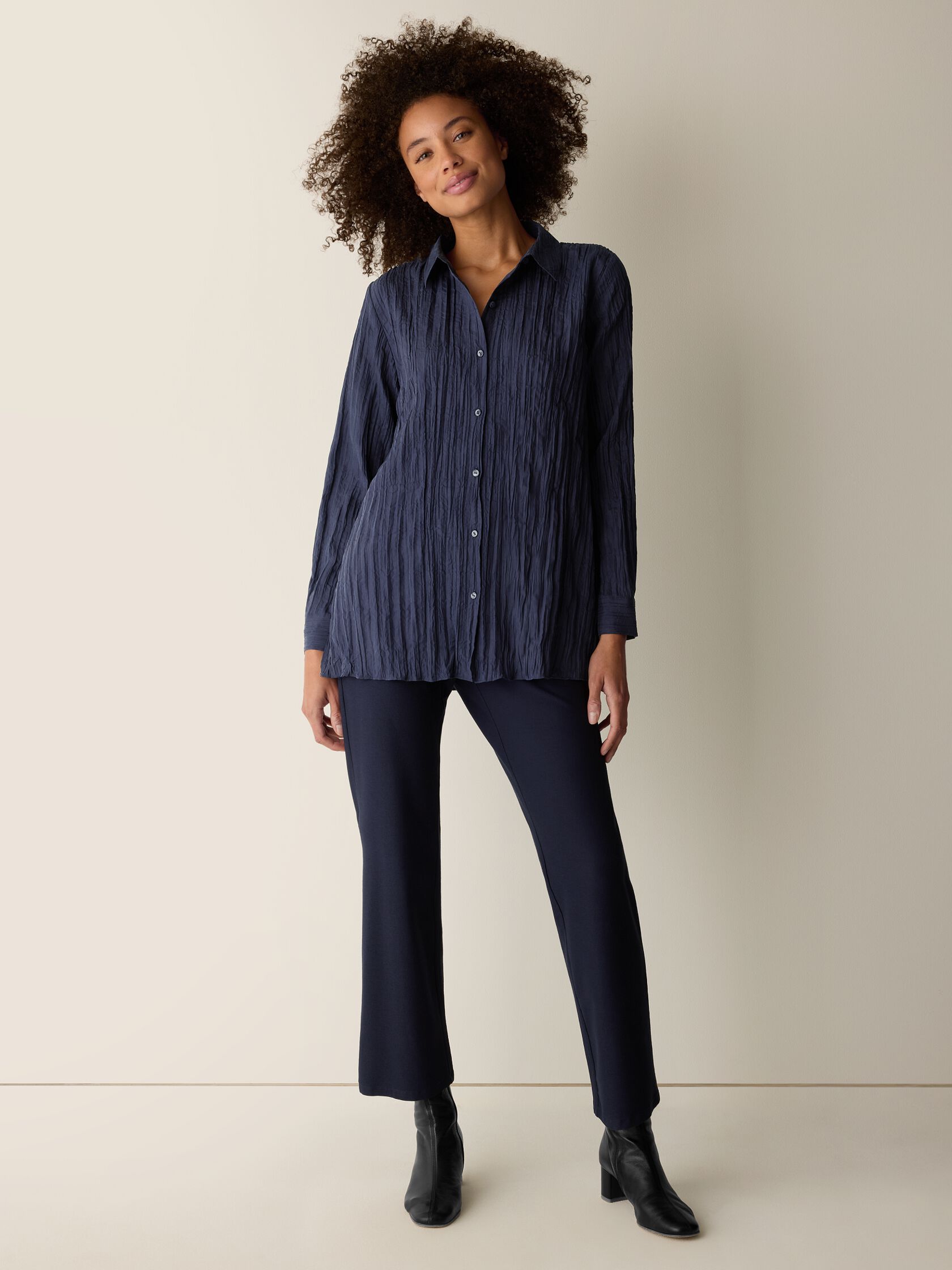 Crinkle Silk Habutai Classic Collar Shirt