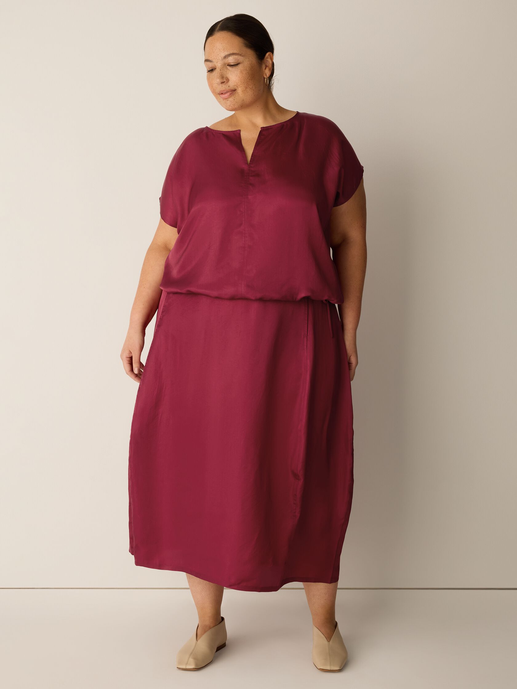 Lightweight Satin Shimmer Split Neck Top