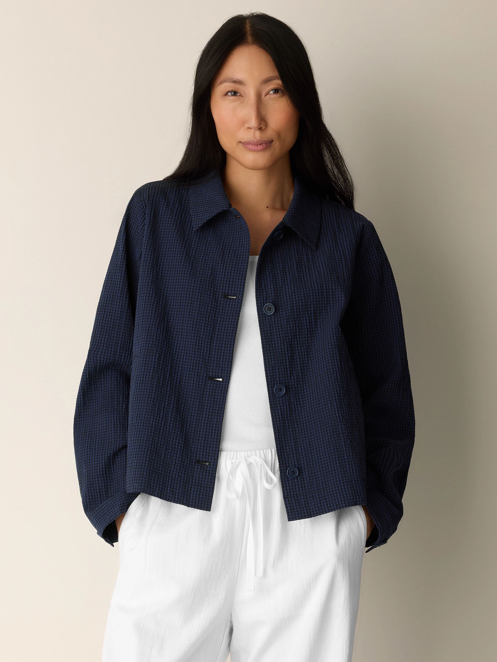Organic Cotton Pucker Check Classic Collar Jacket