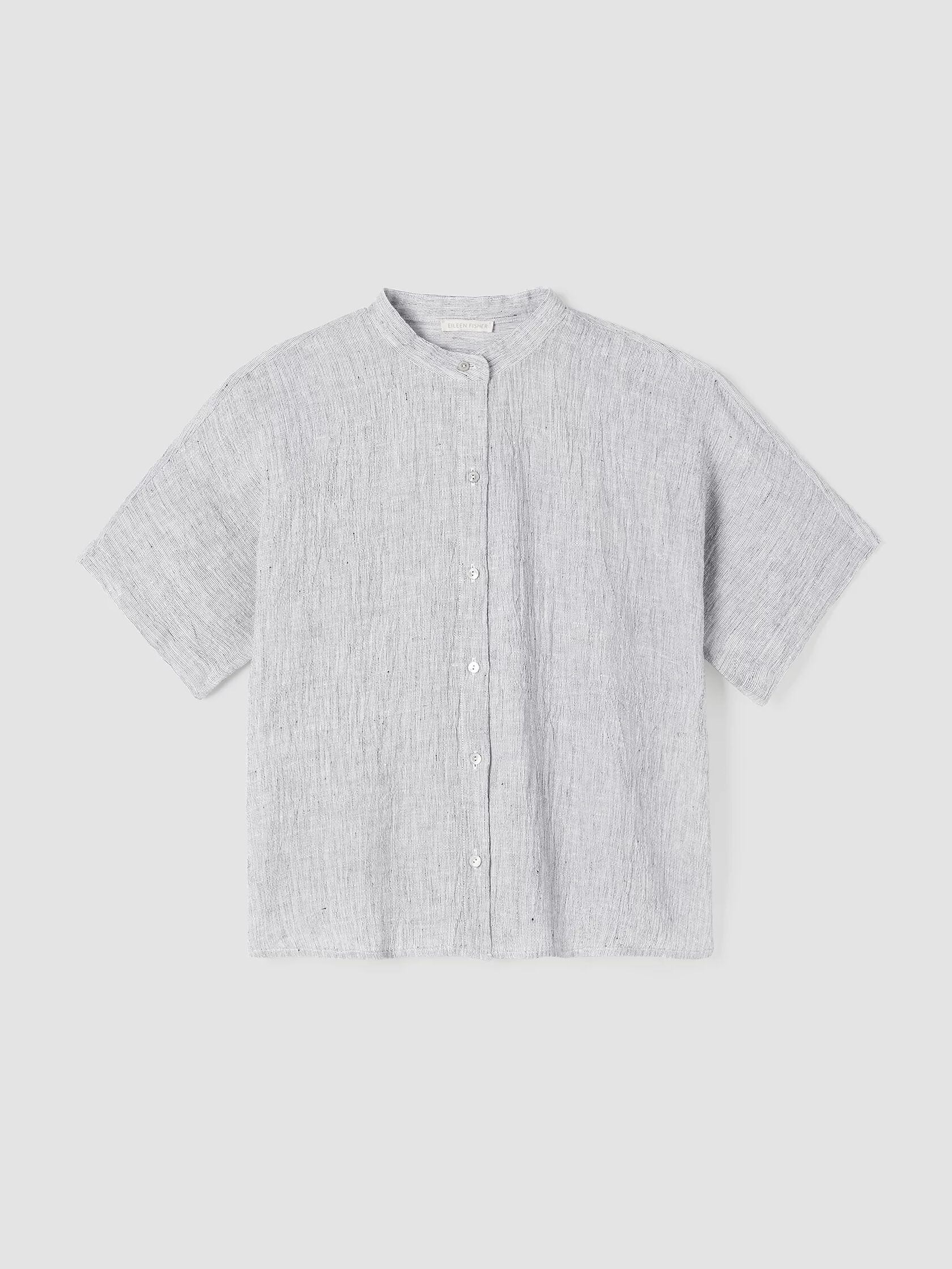 Crinkled Organic Linen Stripe Short-Sleeve Shirt