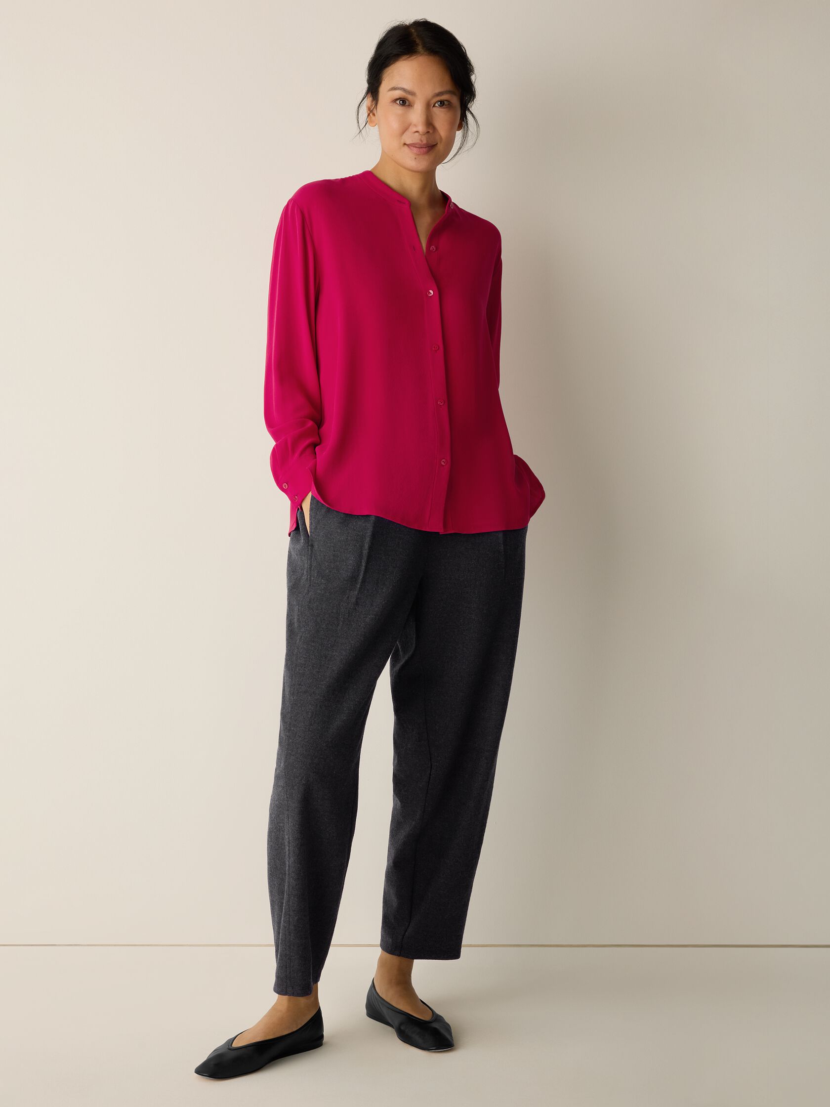 Silk Georgette Crepe Band Collar Top