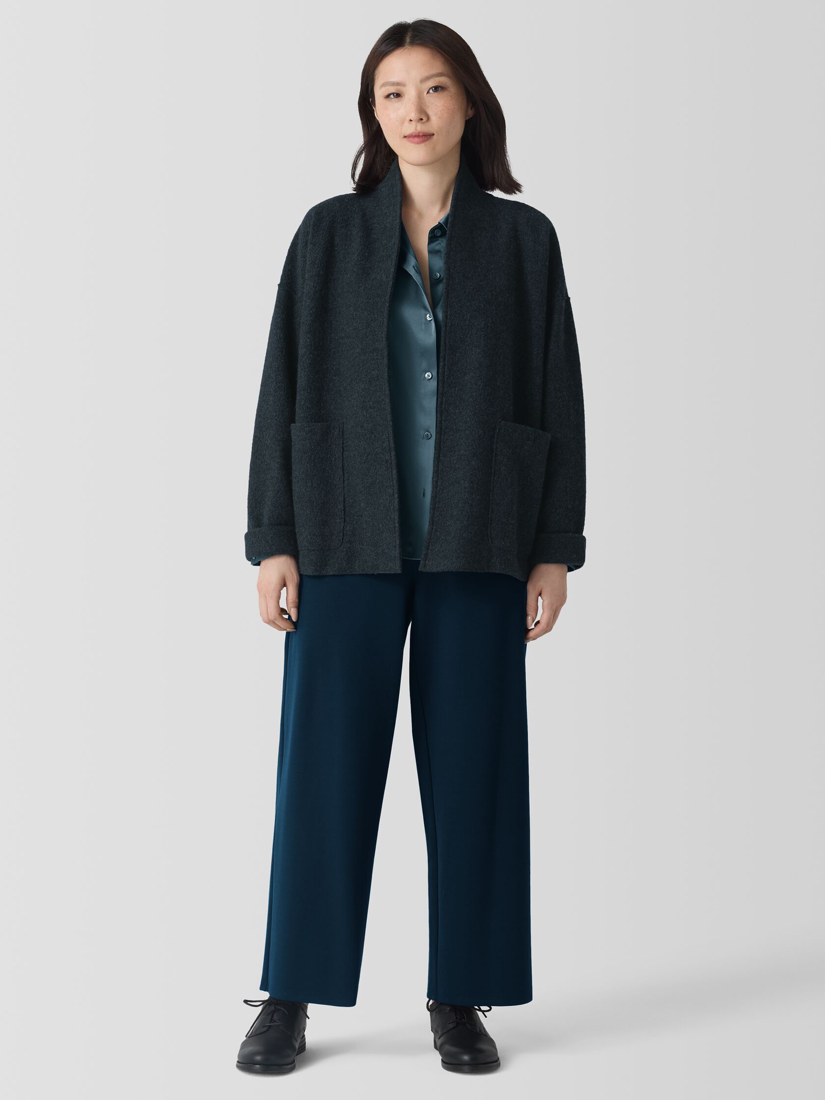 Lightweight Boiled Wool High Collar Jacket in Regenerative Wool