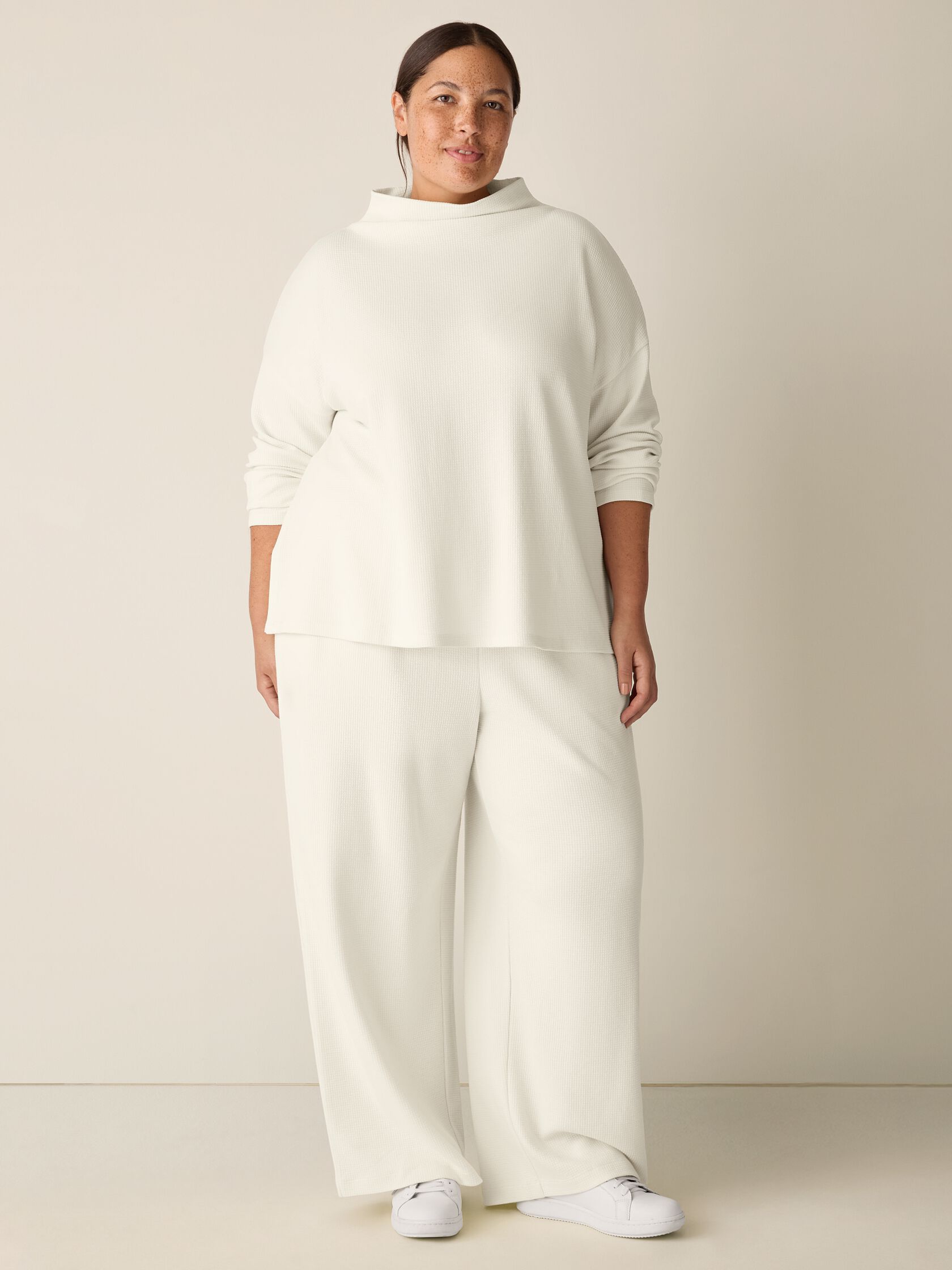 Waffle Cotton Blend Doubleknit Funnel Neck Box-Top